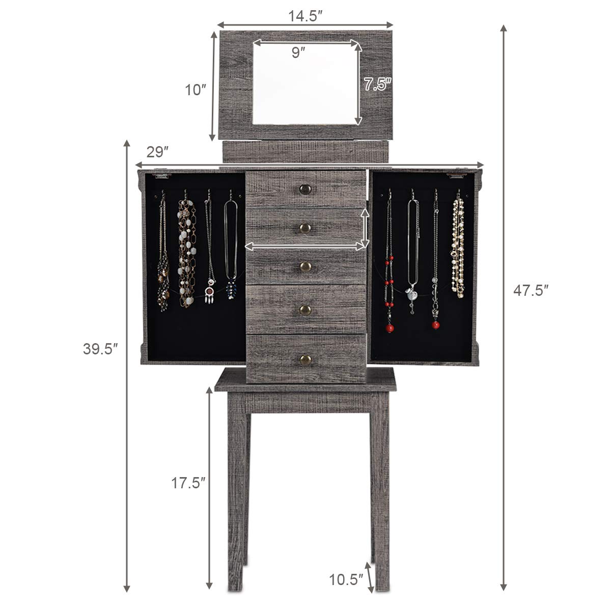 CHARMAID Jewelry Cabinet Armoire with 5 Drawers