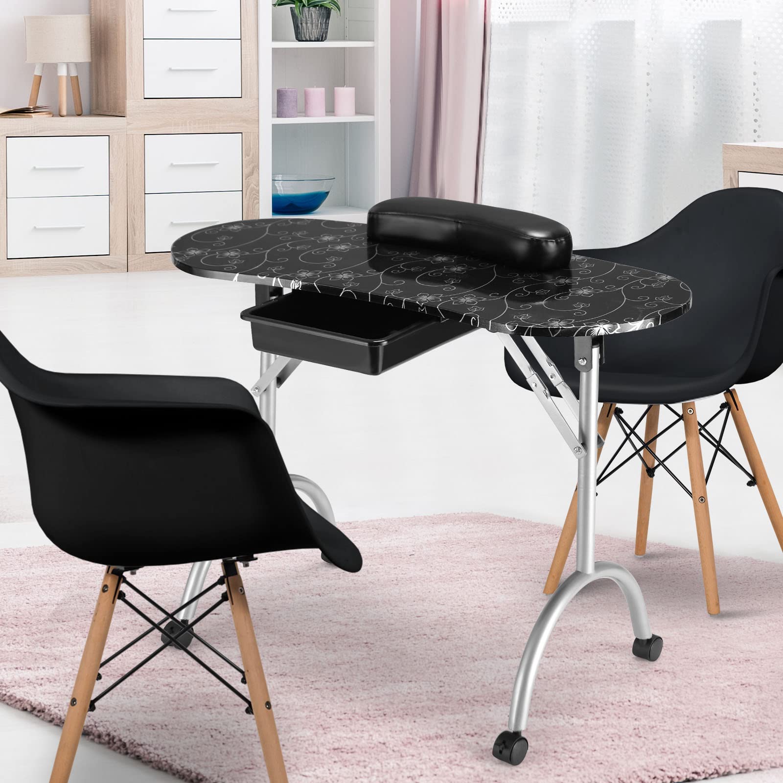 Foldable Nail Table Workstation with Lockable Wheels
