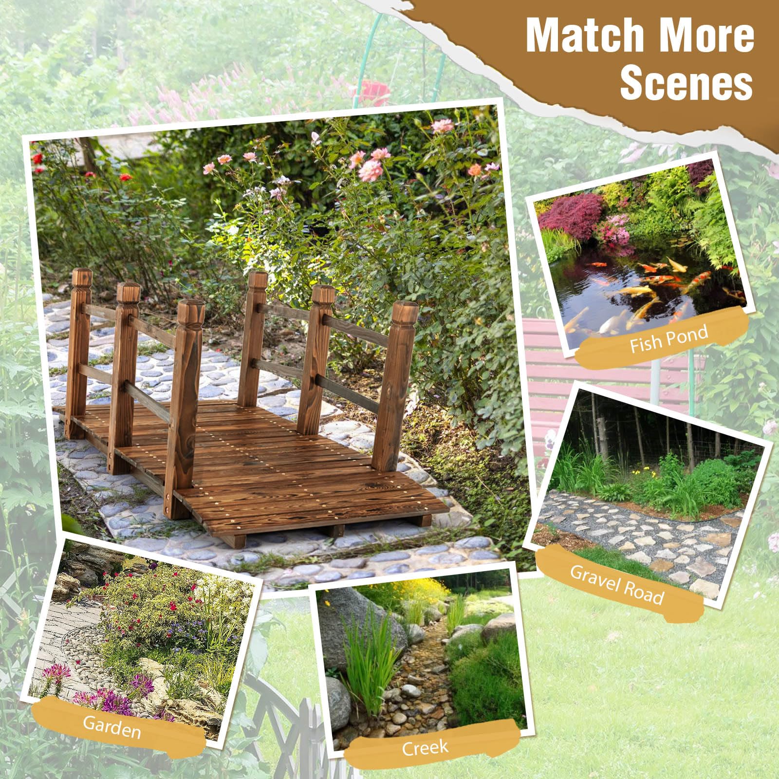 Giantex 5 ft Garden Bridge - Stained Wood Arc Footbridge Walkway