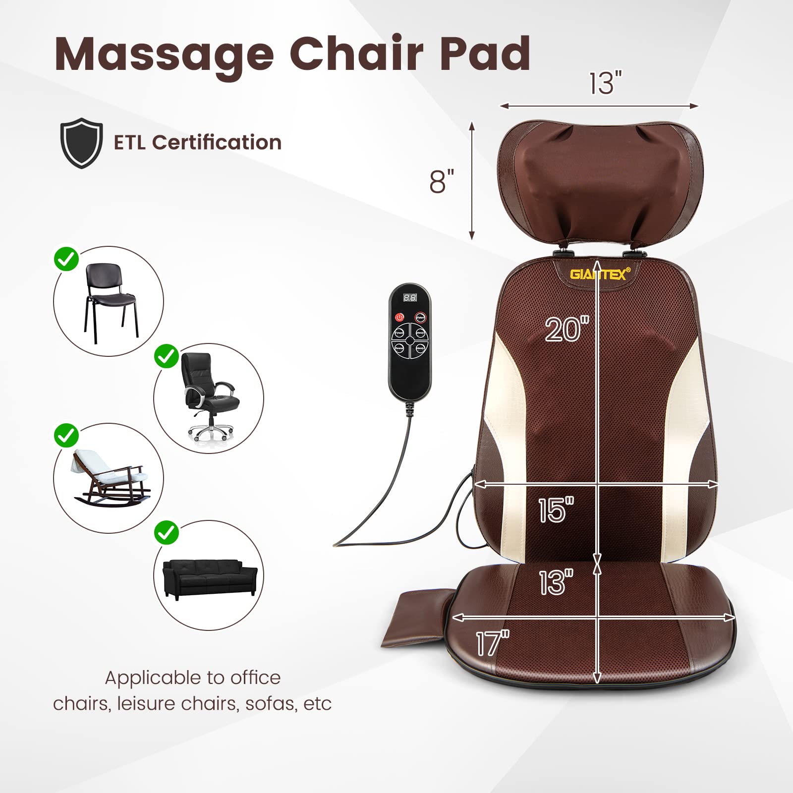 Giantex Back Massager Chair Pad - Chair Massager with Adjustable Neck Pillow, 3 Speeds & 3-Level Timer, Brown