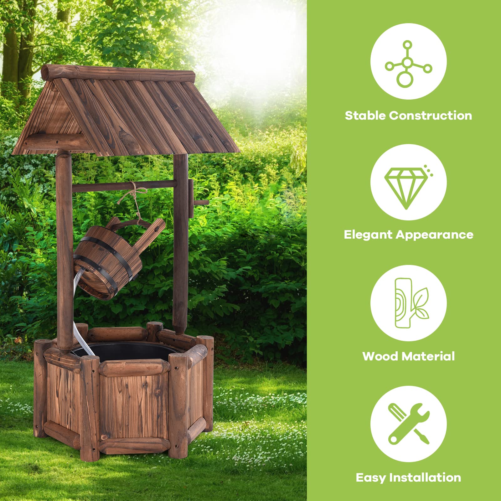 Giantex Wishing Well Water Fountain Rustic Wooden Outdoor Garden Decorative Fountain Backyard w/ Electric Pump