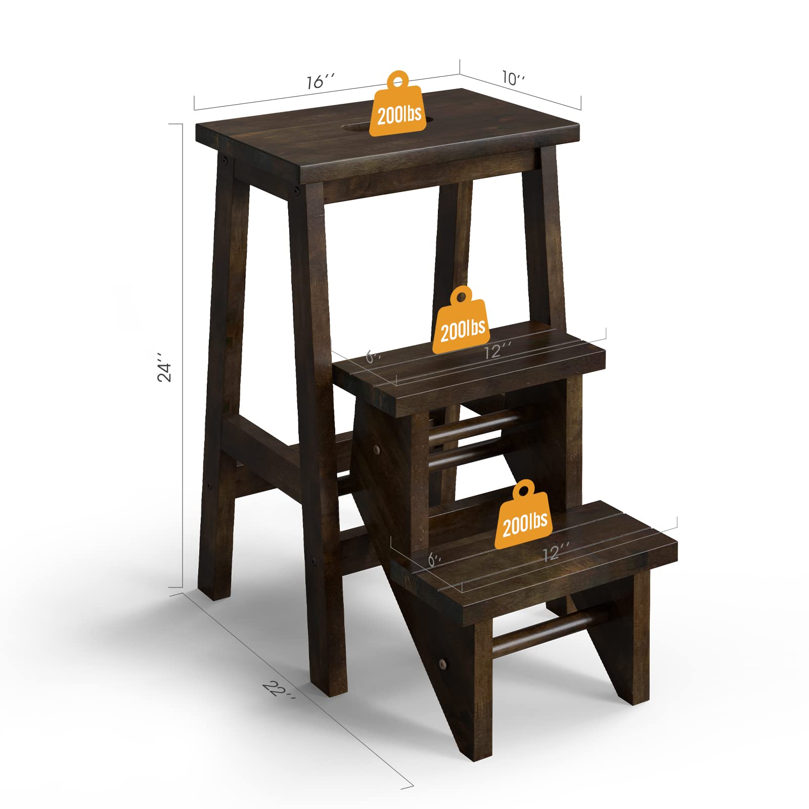 Giantex Folding 3 Tier Step Ladder, Multifunction 3-in-1 Wood Step Stool with Anti-Slip