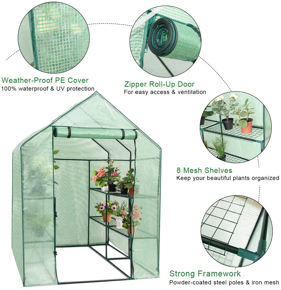 Outdoor Portable Greenhouse Mini Walk in 3 Tiers 8 Shelves Stands