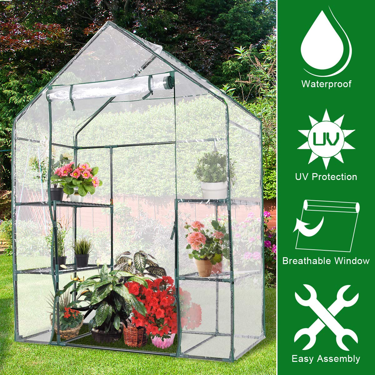 Giantex Greenhouse Outdoor Large Walk-in Plant Green House with 3 Tier Shelves for Plants