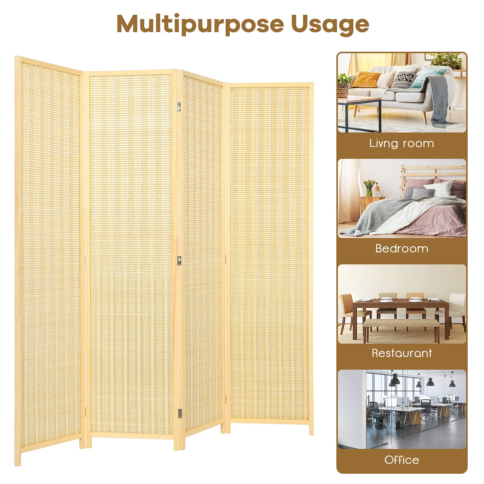 Giantex 4 Panel 6 Ft Tall Bamboo Room Divider, Folding Privacy Screen, Natural