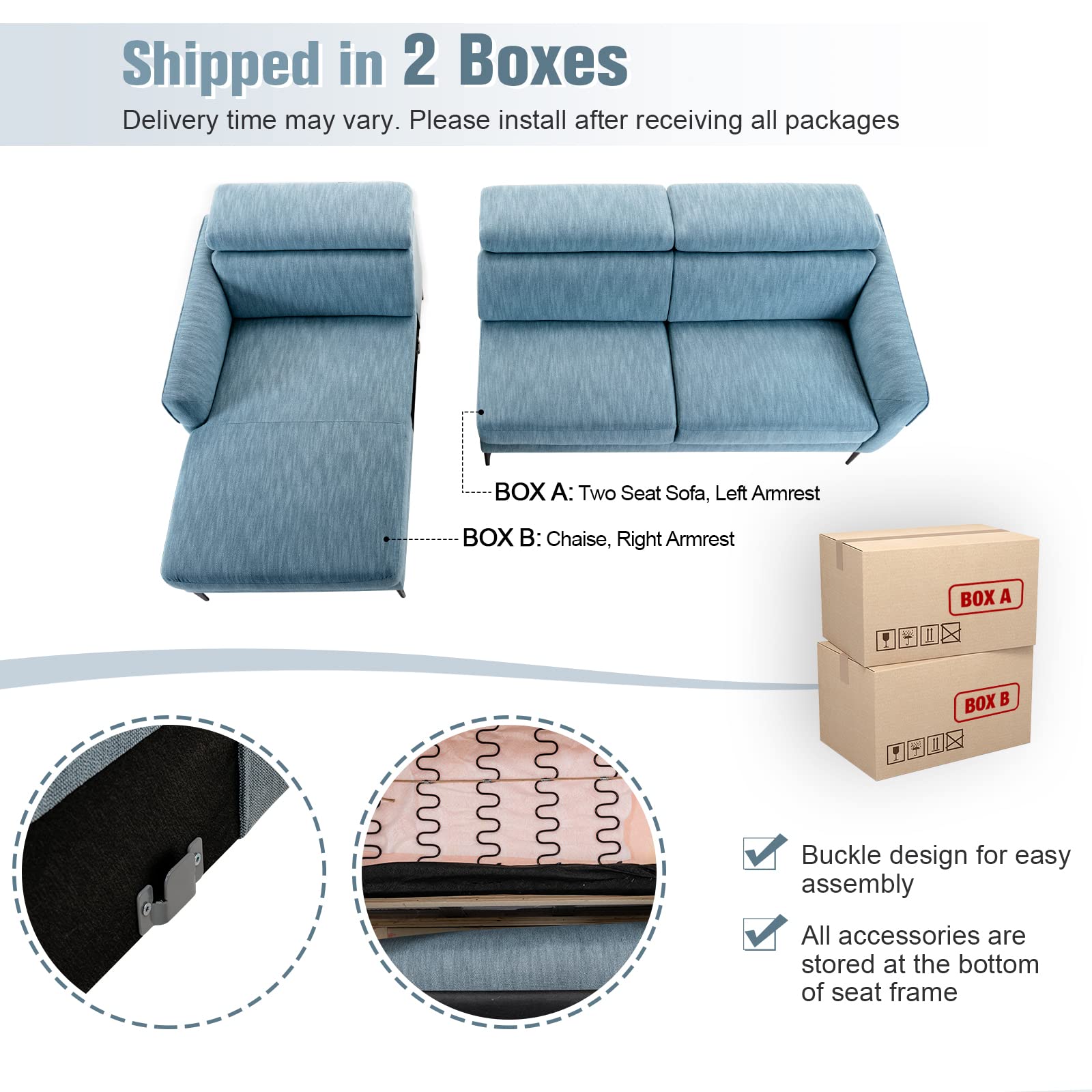 Giantex L-Shaped Sofa Couch, 3-Seat Upholstered Sofa with Wide Chaise Lounge, Adjustable Headrest, Blue