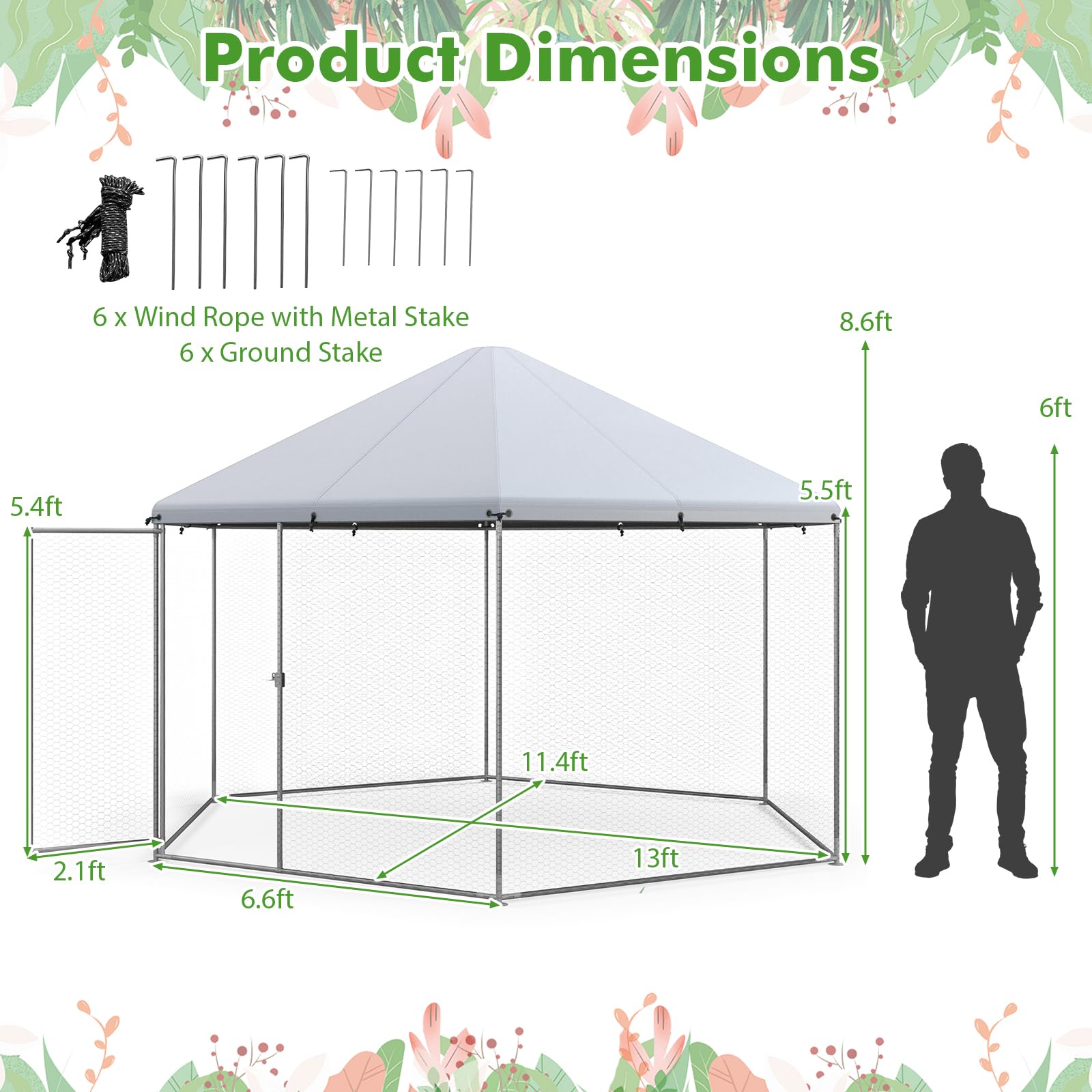 Giantex Large Metal Chicken Run - 13ft Hexagon Walk-in Chicken Coop