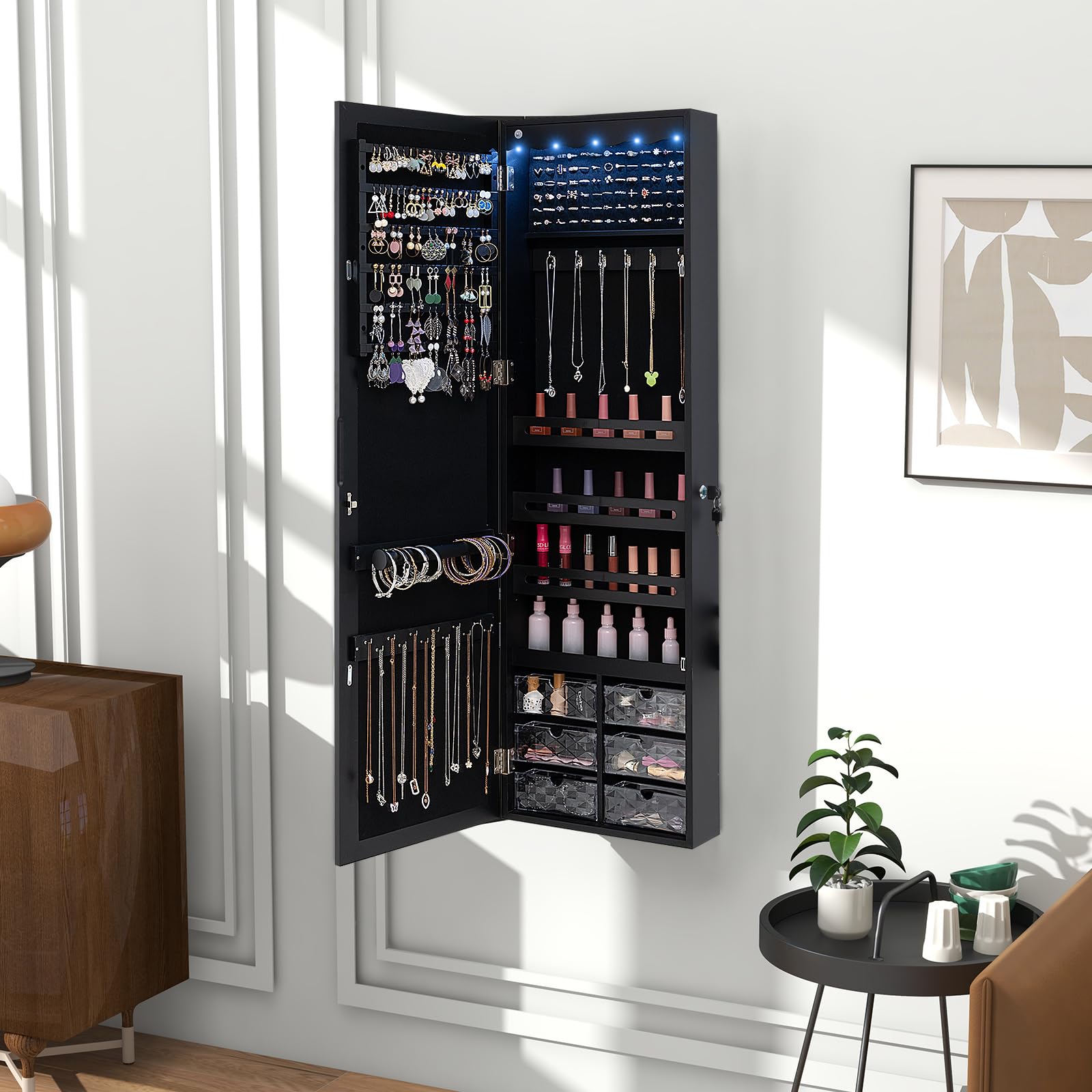 CHARMAID Jewelry Cabinet Armoire, Wall Mount Door Hanging, Lockable Jewelry Organizer with 47.5'' Full Length Mirror