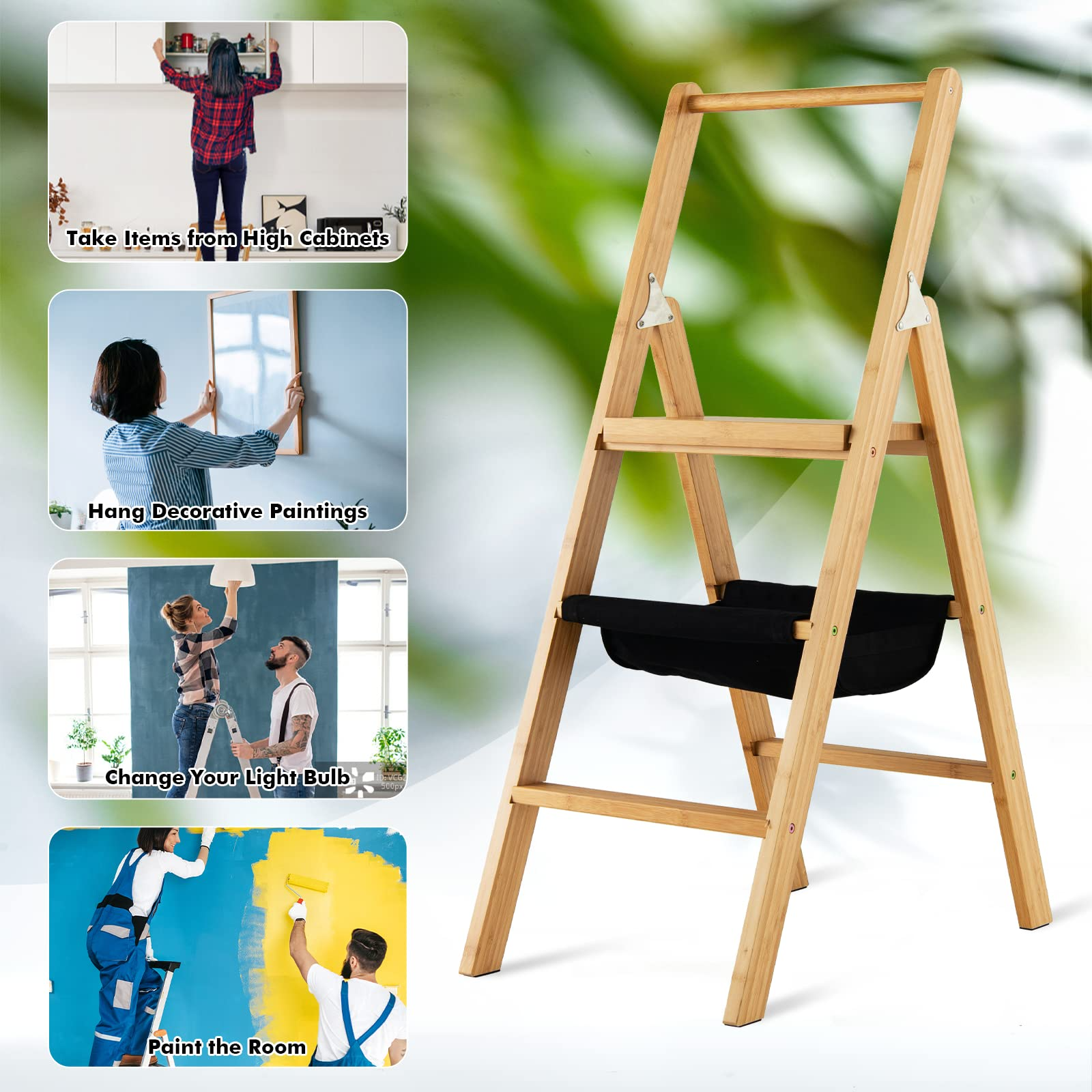 100% Bamboo Folding Step Stool with Handrail | 3 Step Ladder