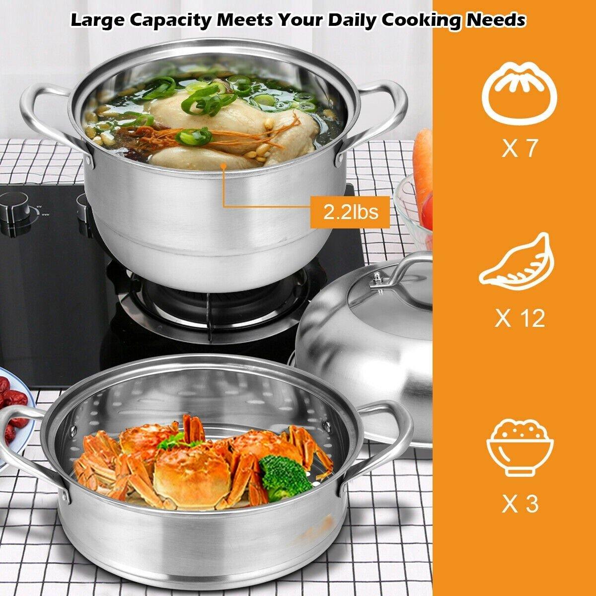 3-Layer Stainless Steel Steamer Pot for Cooking Soup and Steaming Food (Silver)