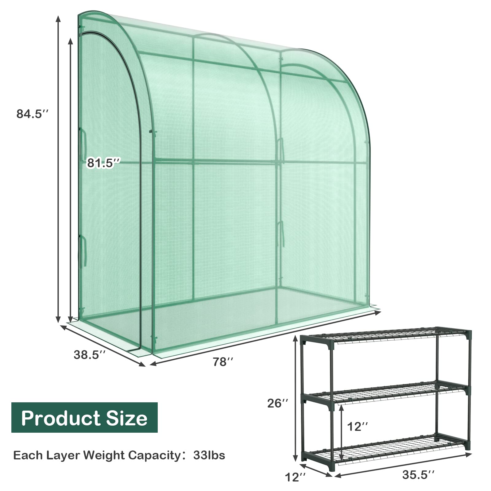 Giantex Walk-in Lean-to Greenhouse - with 3-Tier Plant Stand, 7’x 3.5’x 7’ Green House, PE Grid Cover