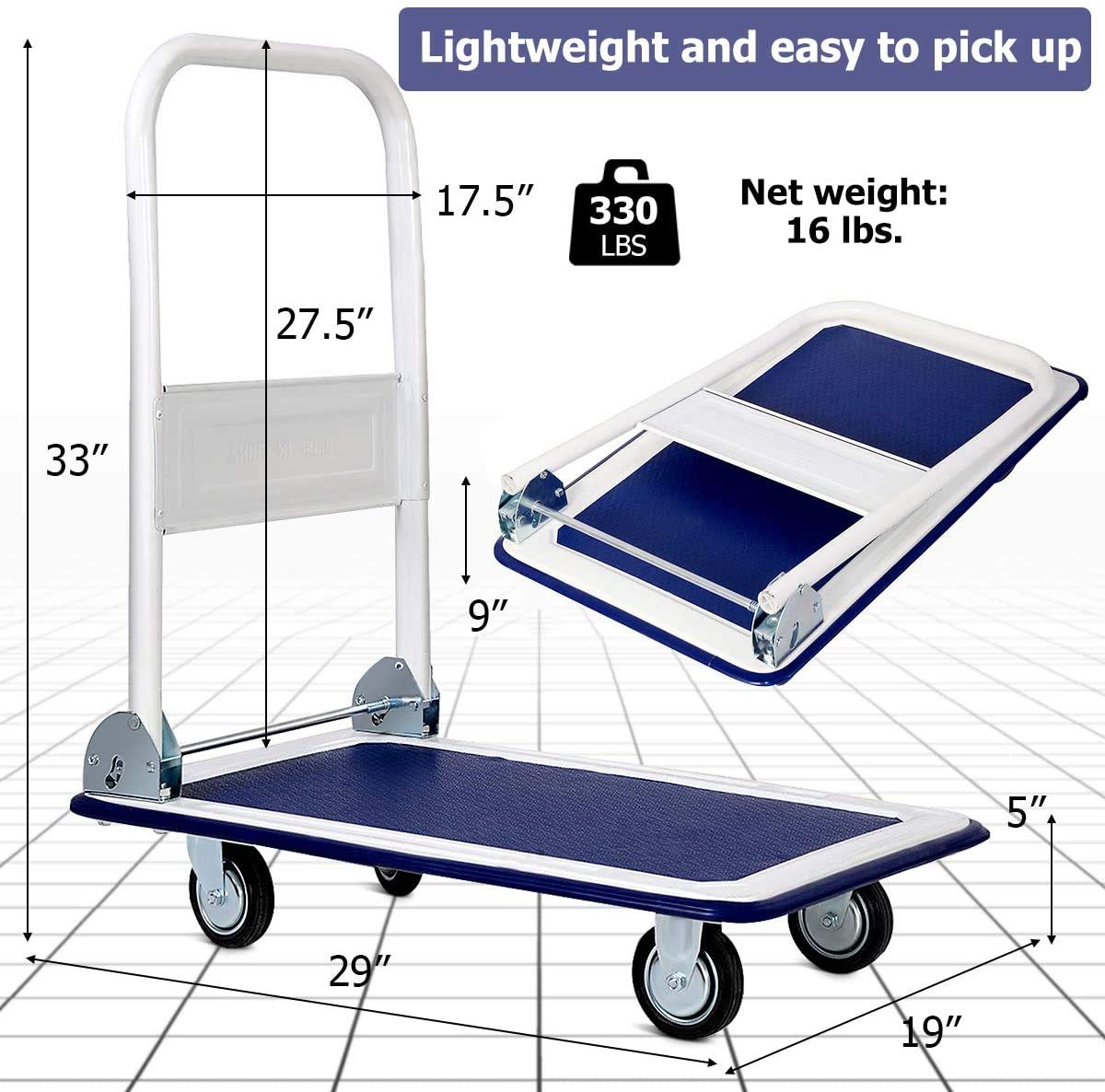 Giantex 10 Platform Cart Dolly Folding Foldable Moving Warehouse Push Hand Truck, 330lbs Weight Capacity, Blue