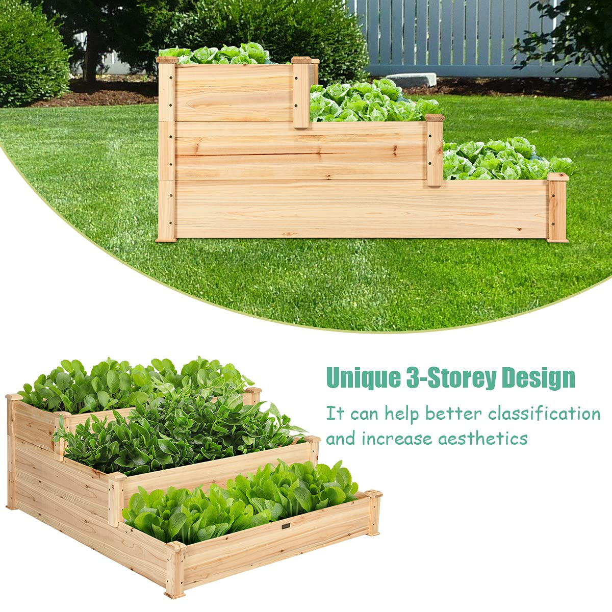 3 Tier Raised Garden Bed, 49'' x 49'' x 22" (L x W x H)