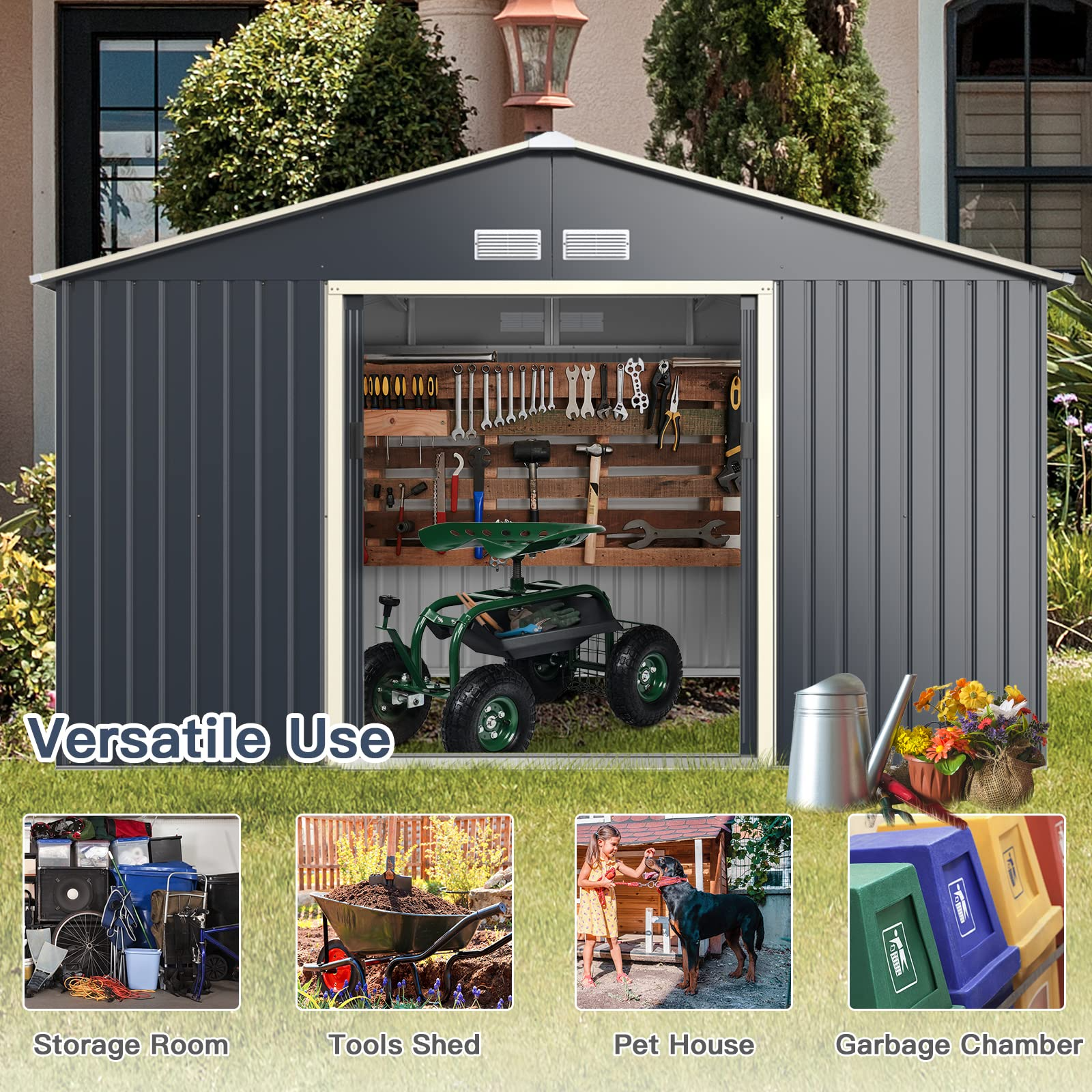 Outdoor Storage Shed with Double Sliding Door