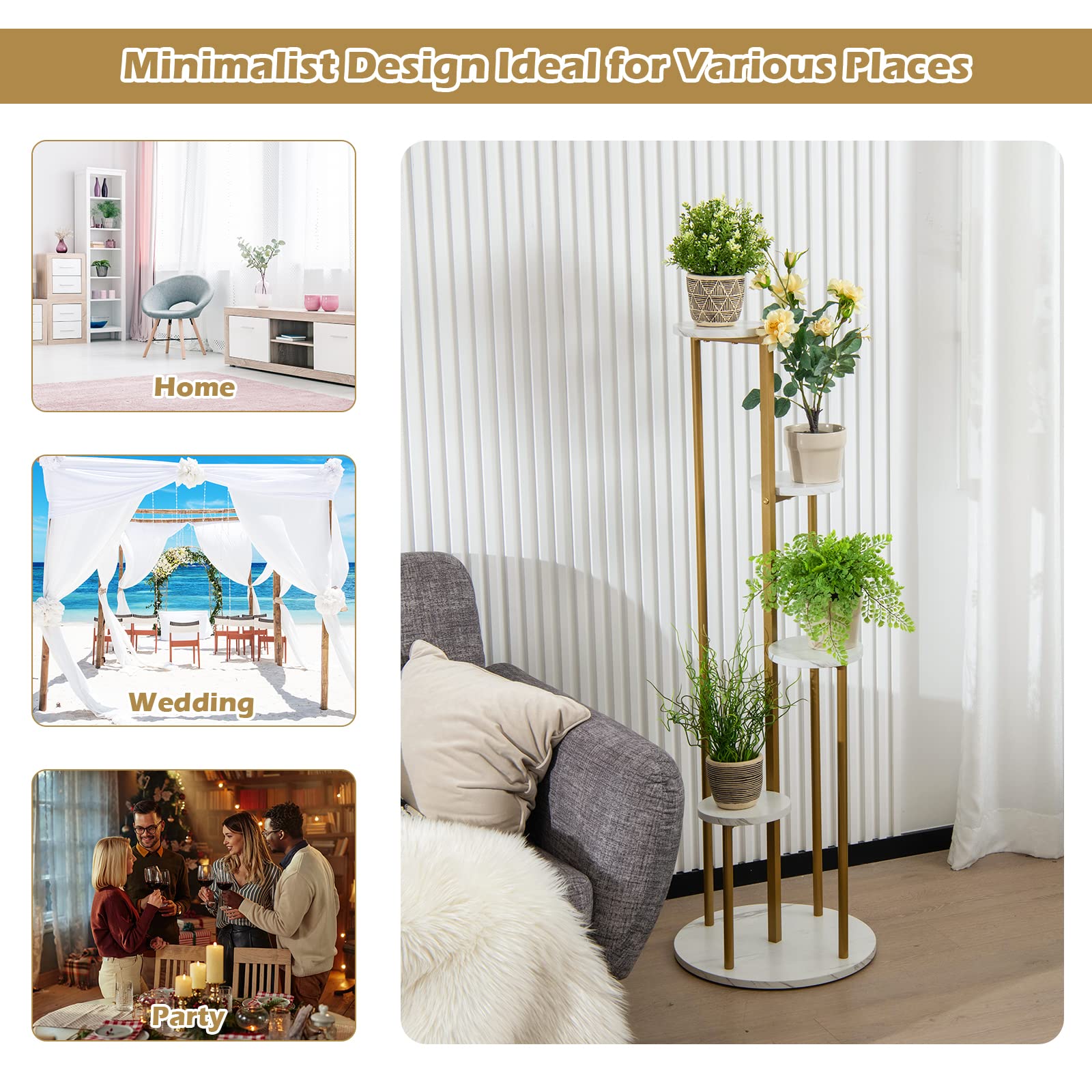 Giantex 4 Tier Plant Stand Indoor, Tall Plant Shelf with Marble Texture for Multiple Potted Plants, Tiered Metal Plant Holder Flower Display Rack for Living Room Balcony Porch