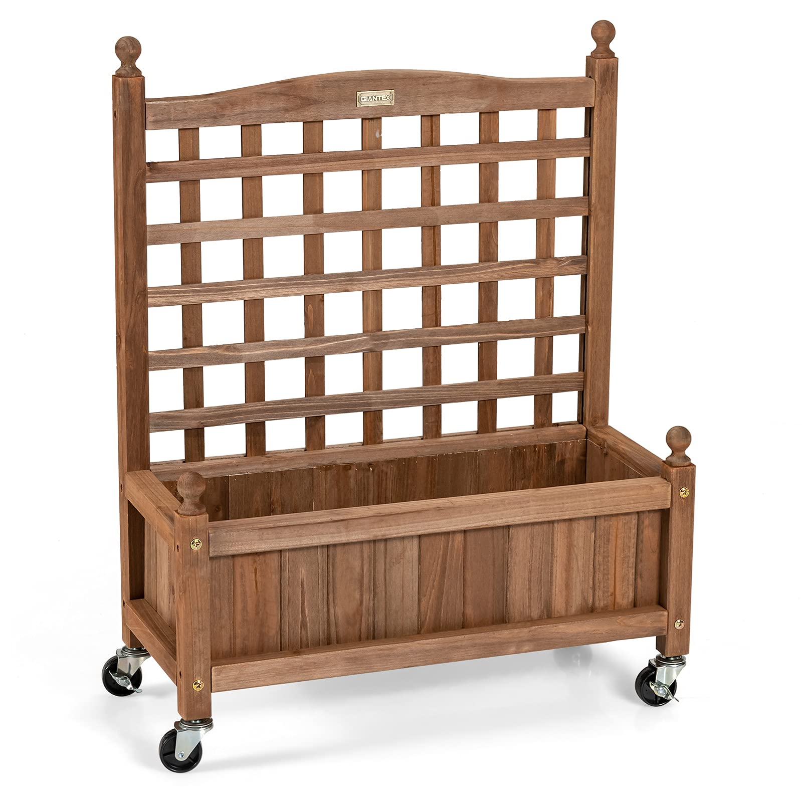 Wood Planter with Lattice Trellis and Wheels, 25'' x 11'' x 32.5'' (L x W x H)