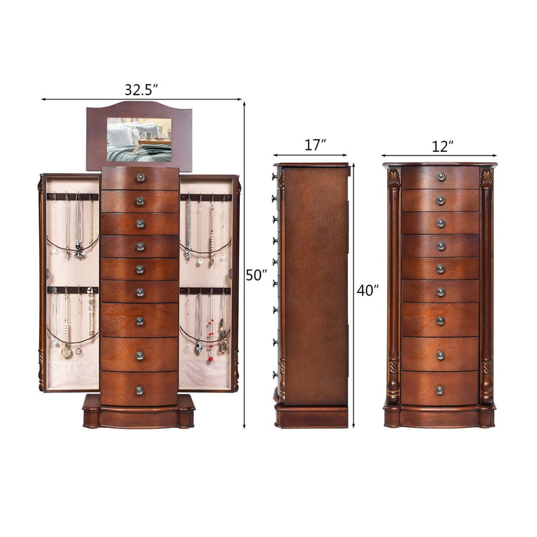 Large Jewelry Armoire Cabinet with 8 Drawers & 2 Swing Doors 16 Hooks Top Mirror Boxes