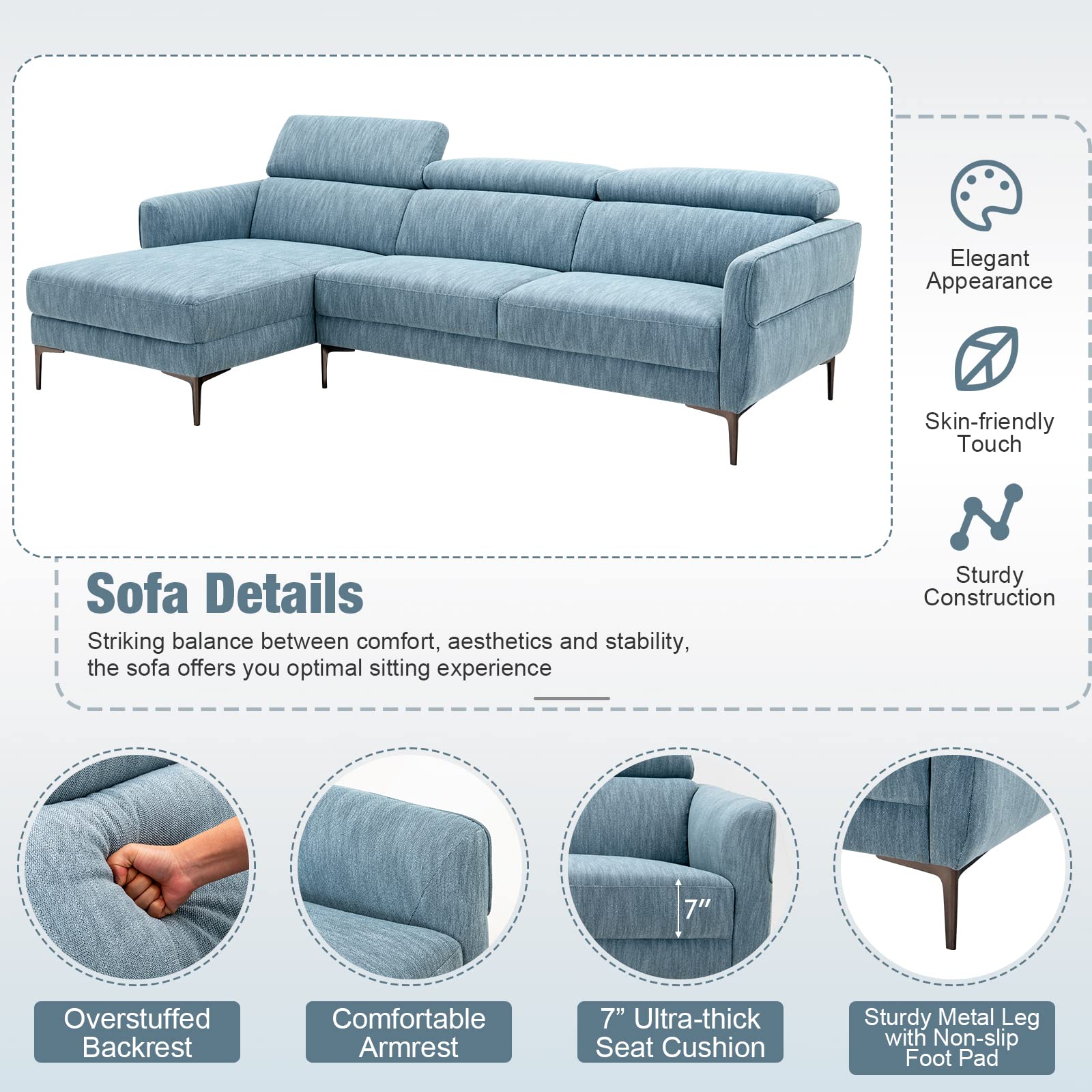 Giantex L-Shaped Sofa Couch, 3-Seat Upholstered Sofa with Wide Chaise Lounge, Adjustable Headrest, Blue