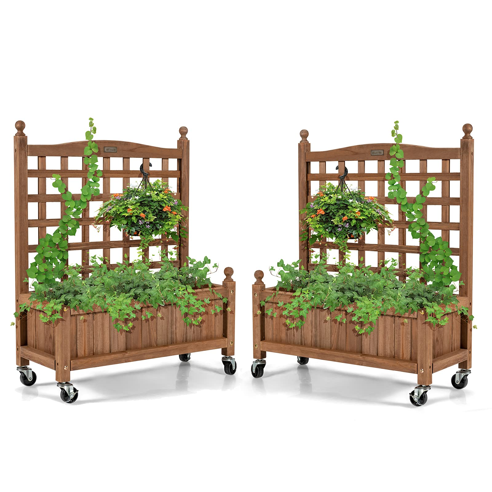Wood Planter with Lattice Trellis and Wheels, 25'' x 11'' x 32.5'' (L x W x H)