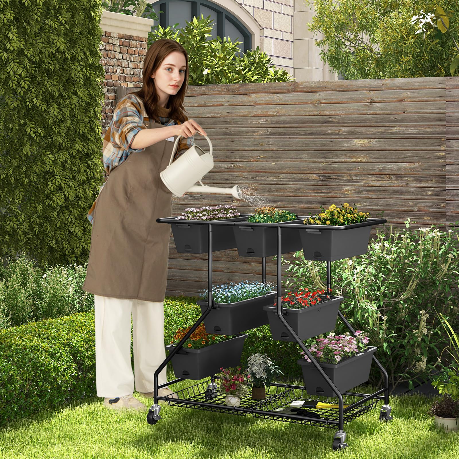 Giantex Rolling Raised Garden Bed w/ 7 Planter Boxes, Storage Baskets, Drainage Holes