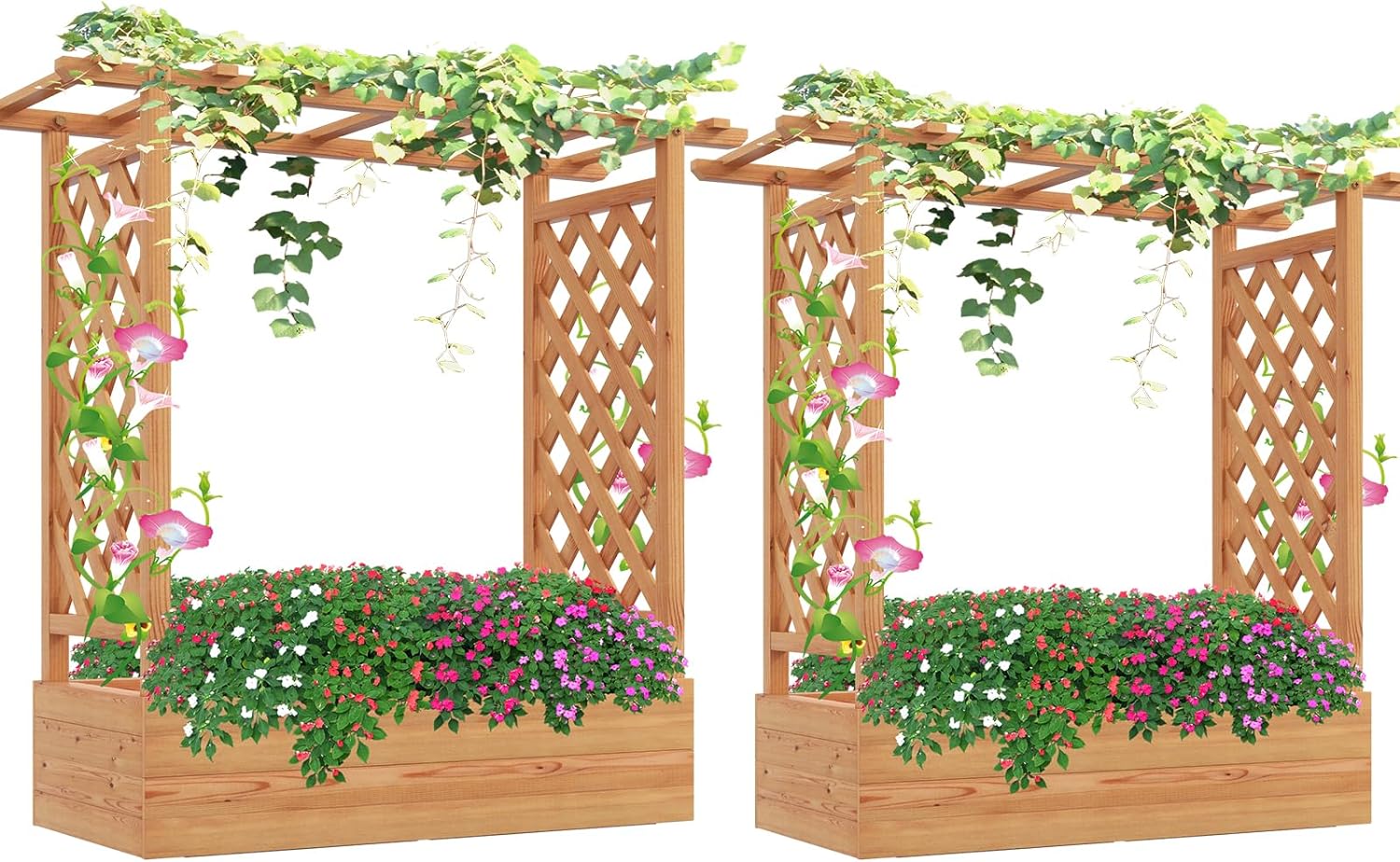 Giantex Raised Garden Bed with Trellis, Wood Planter Box with Roof & Side Trellis, Drain Holes