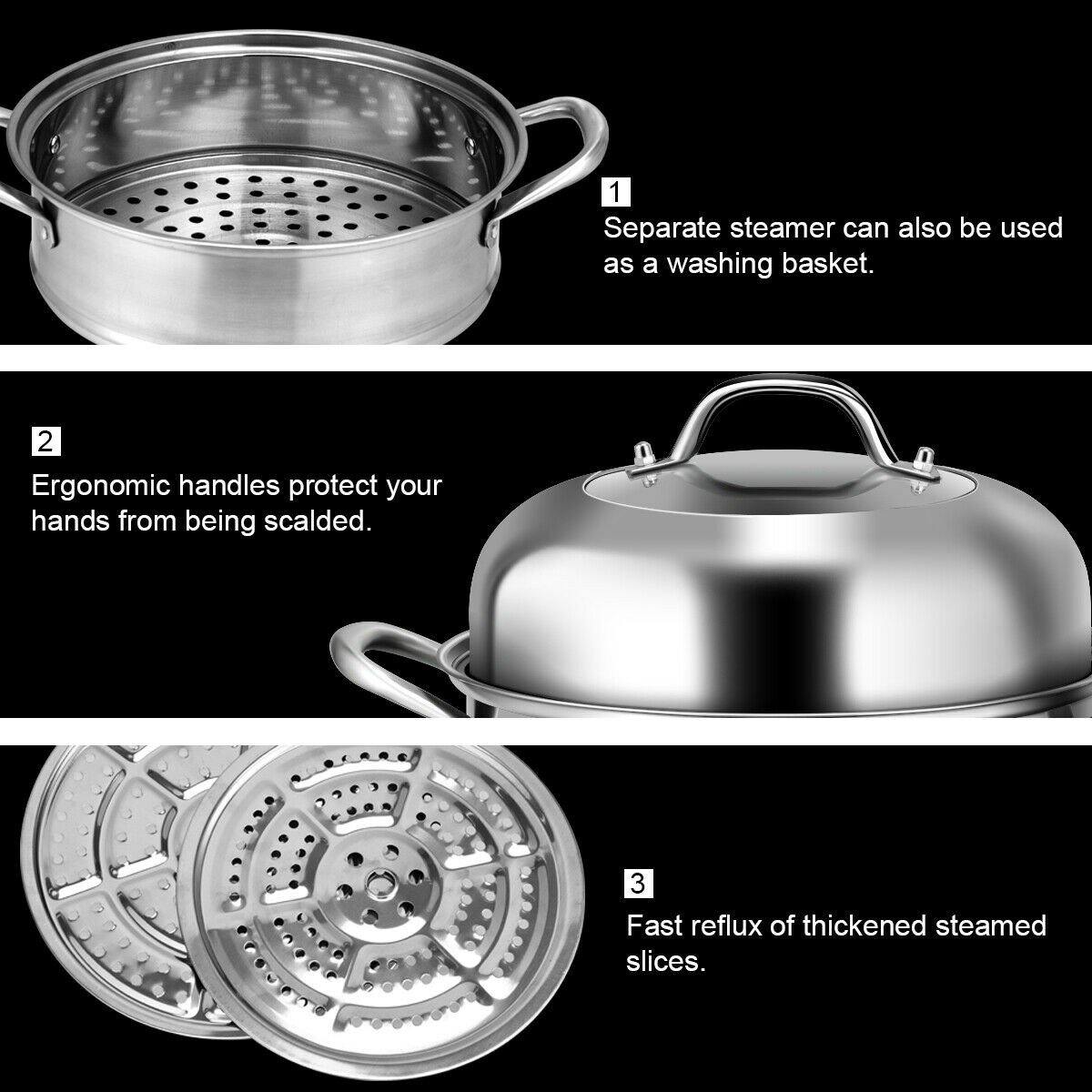 3-Layer Stainless Steel Steamer Pot for Cooking Soup and Steaming Food (Silver)