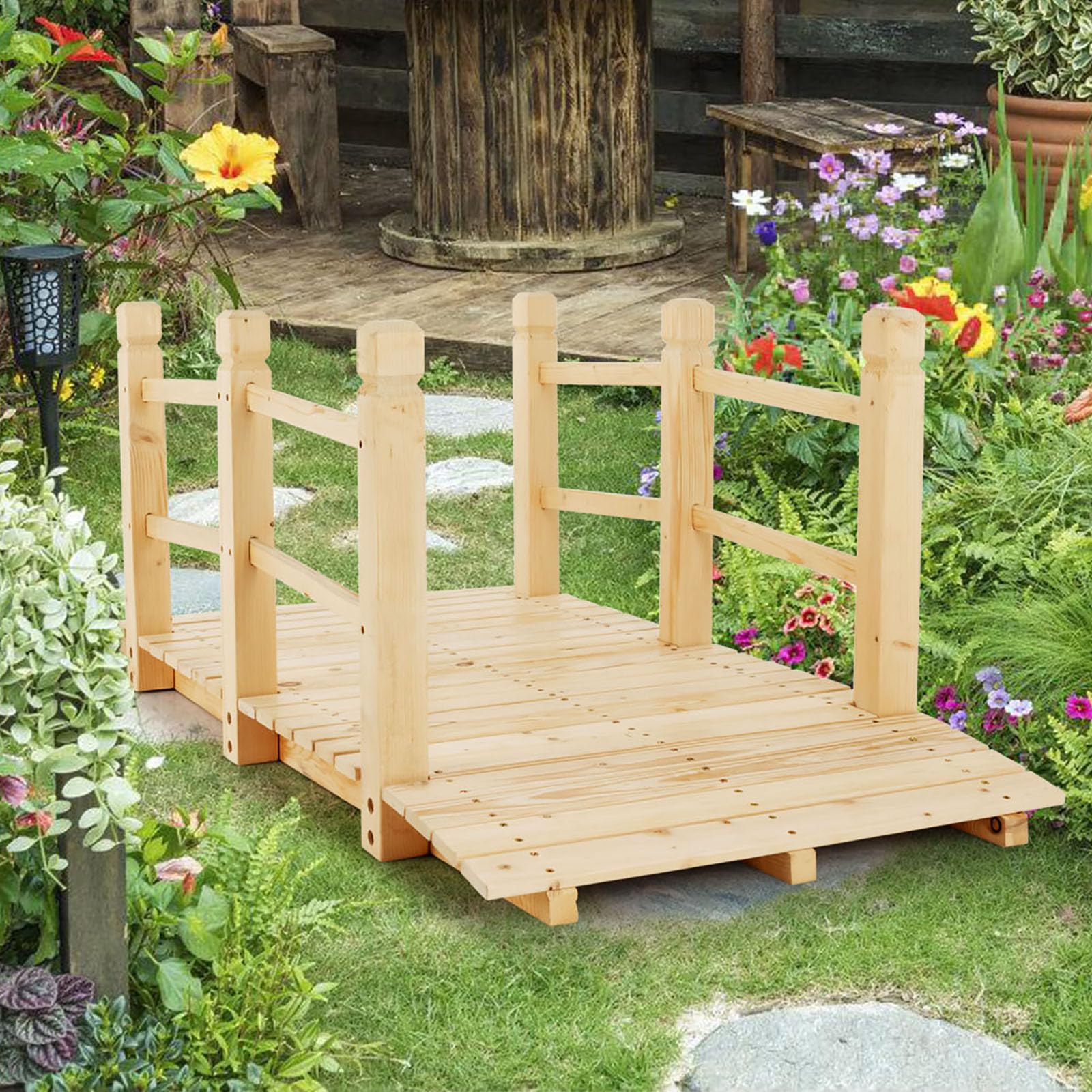 Giantex 5 ft Garden Bridge - Stained Wood Arc Footbridge Walkway
