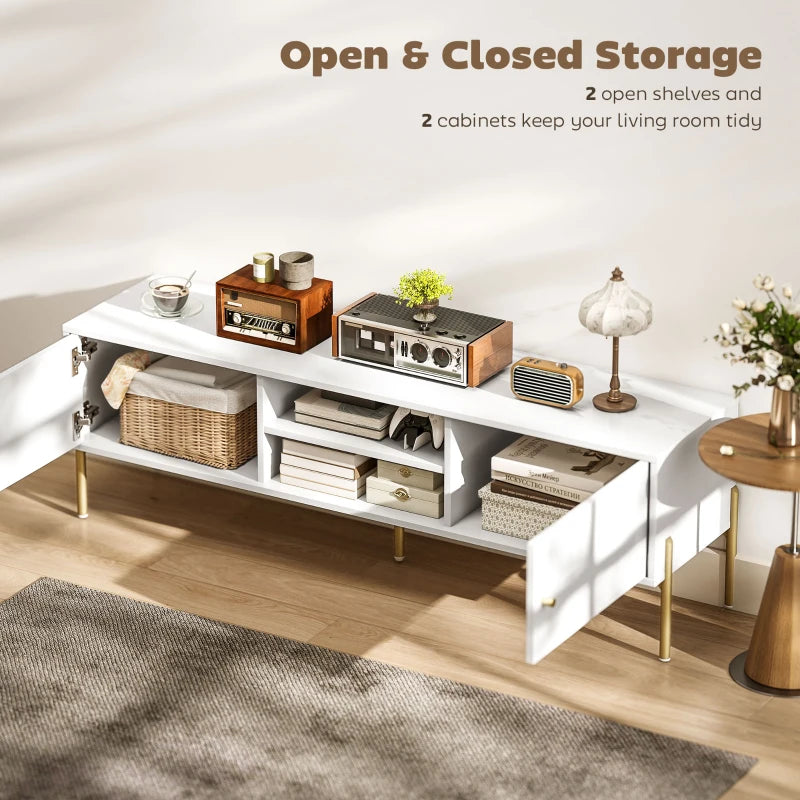 TV Stand for TVs up to 65", Entertainment Center with 2 Open Shelves, 2 Cabinets and Steel Legs for Living Room, White