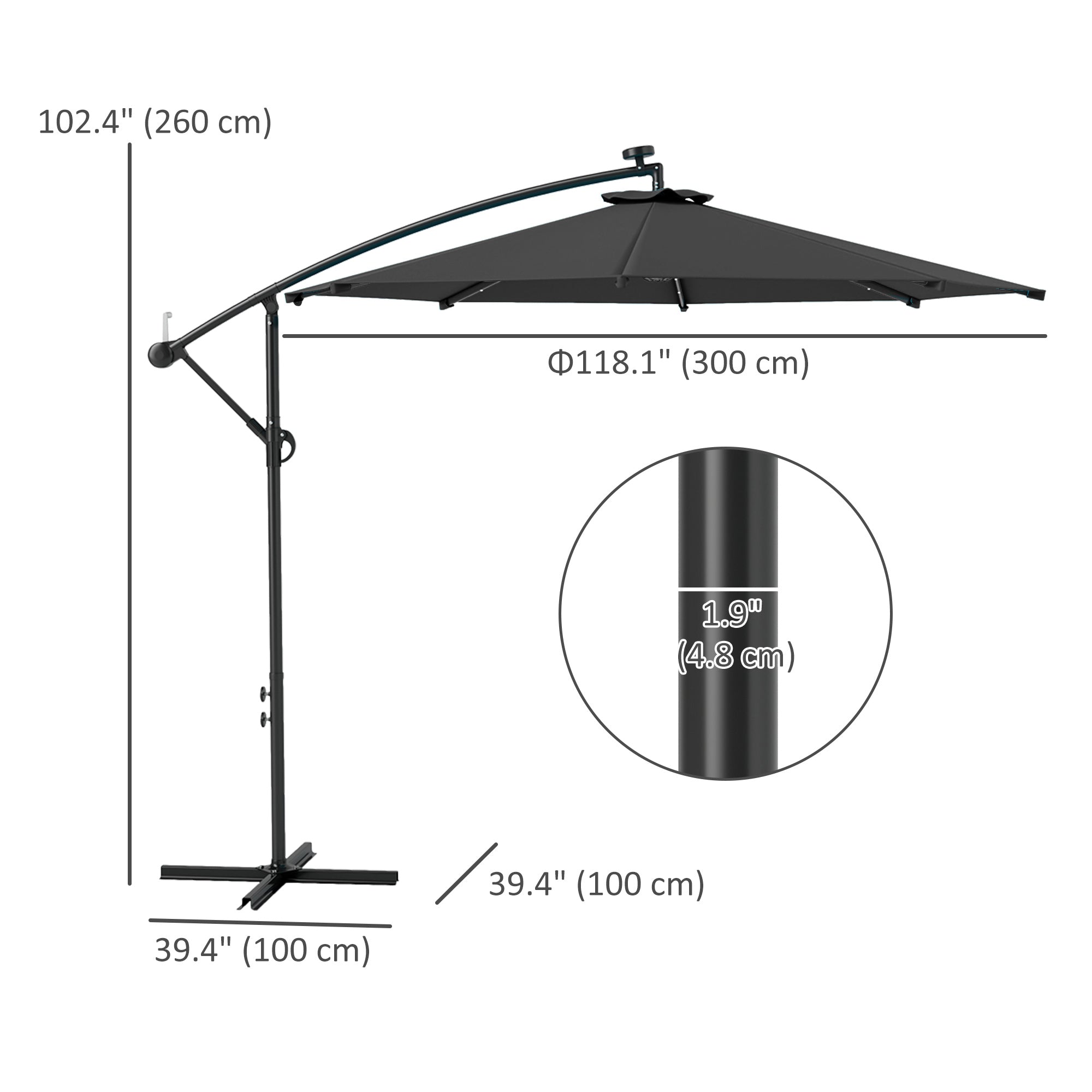 Outsunny 10ft Outdoor Cantilever Umbrella Banana Umbrella with Solar Lights and Adjustable Angle for Patio Backyard Black