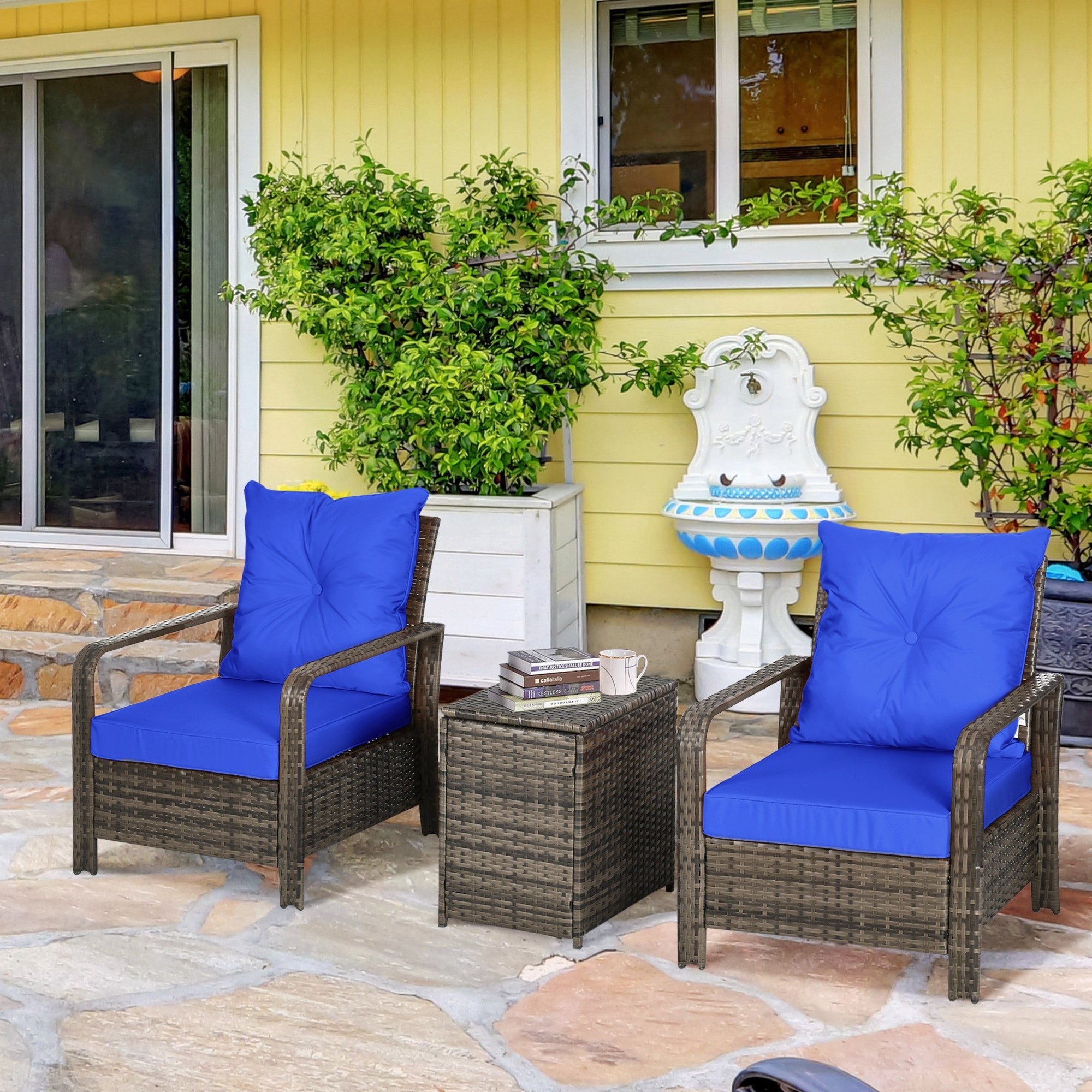 Outsunny 3 Pieces Patio Bistro Set, PE Rattan Garden Sofa Set with 2 Padded Chairs 1 Storage Table, Blue