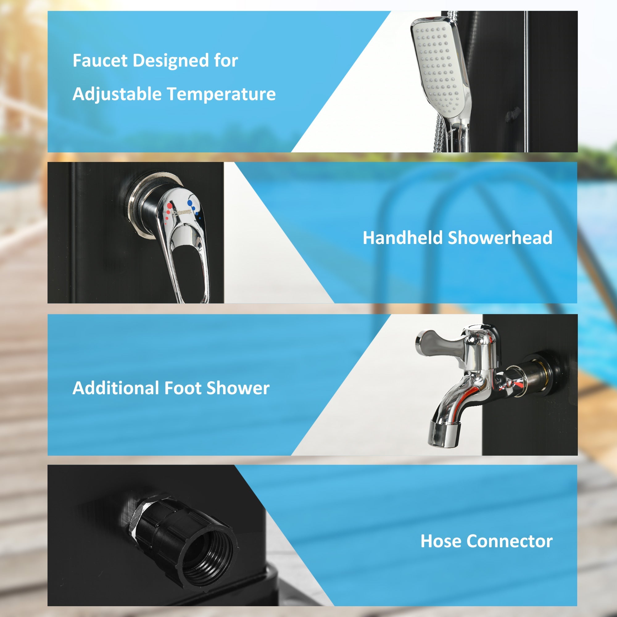 Outsunny Outdoor Solar Shower 10.6Gal with 360 Rainfall Head Handheld 60℃ Adjustable Temperature for Poolside Beach Spa