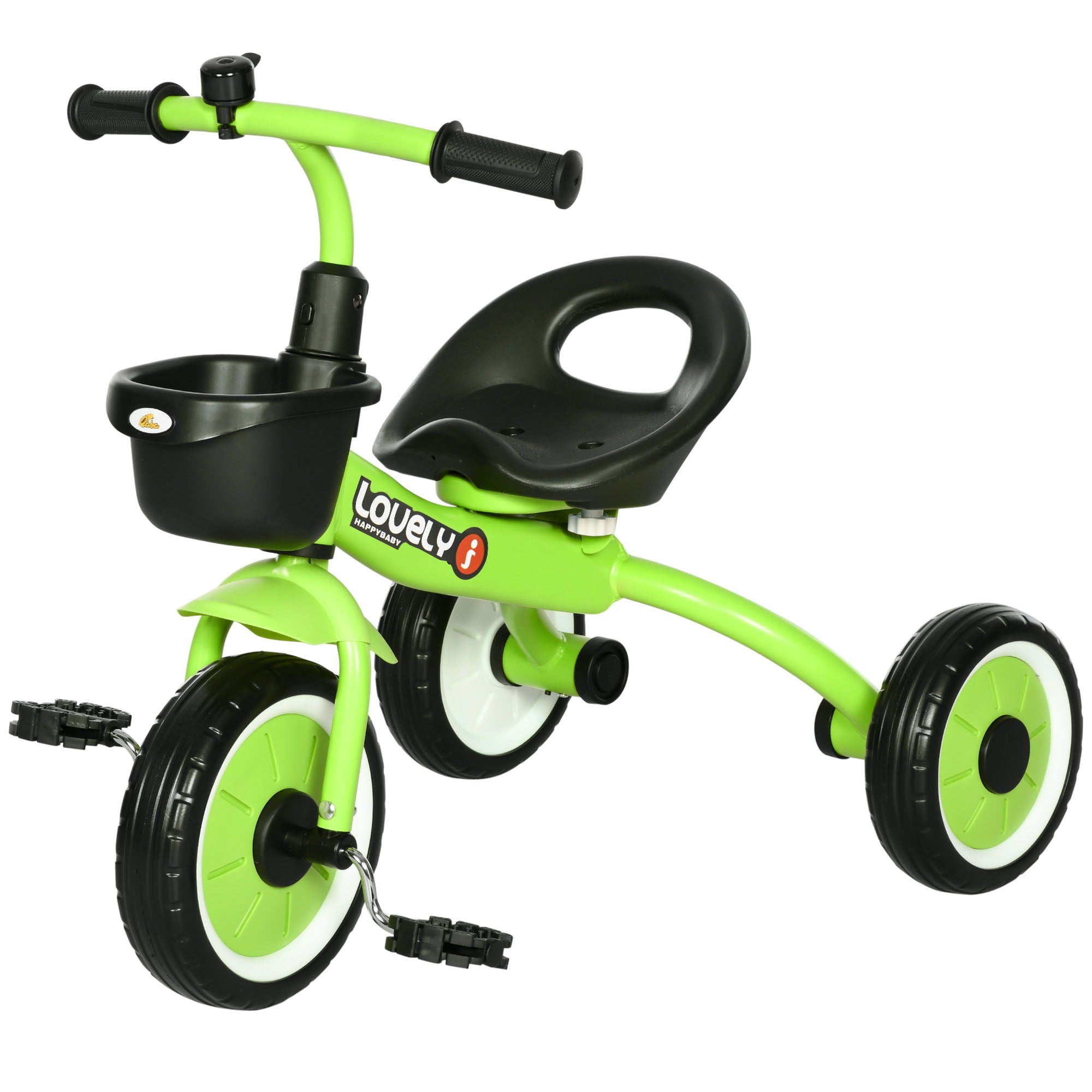 Qaba Kids Tricycle: Adjustable Seat 2-5 Years, Basket, Bell, for Girls/Boys, Green, Toddler Trike