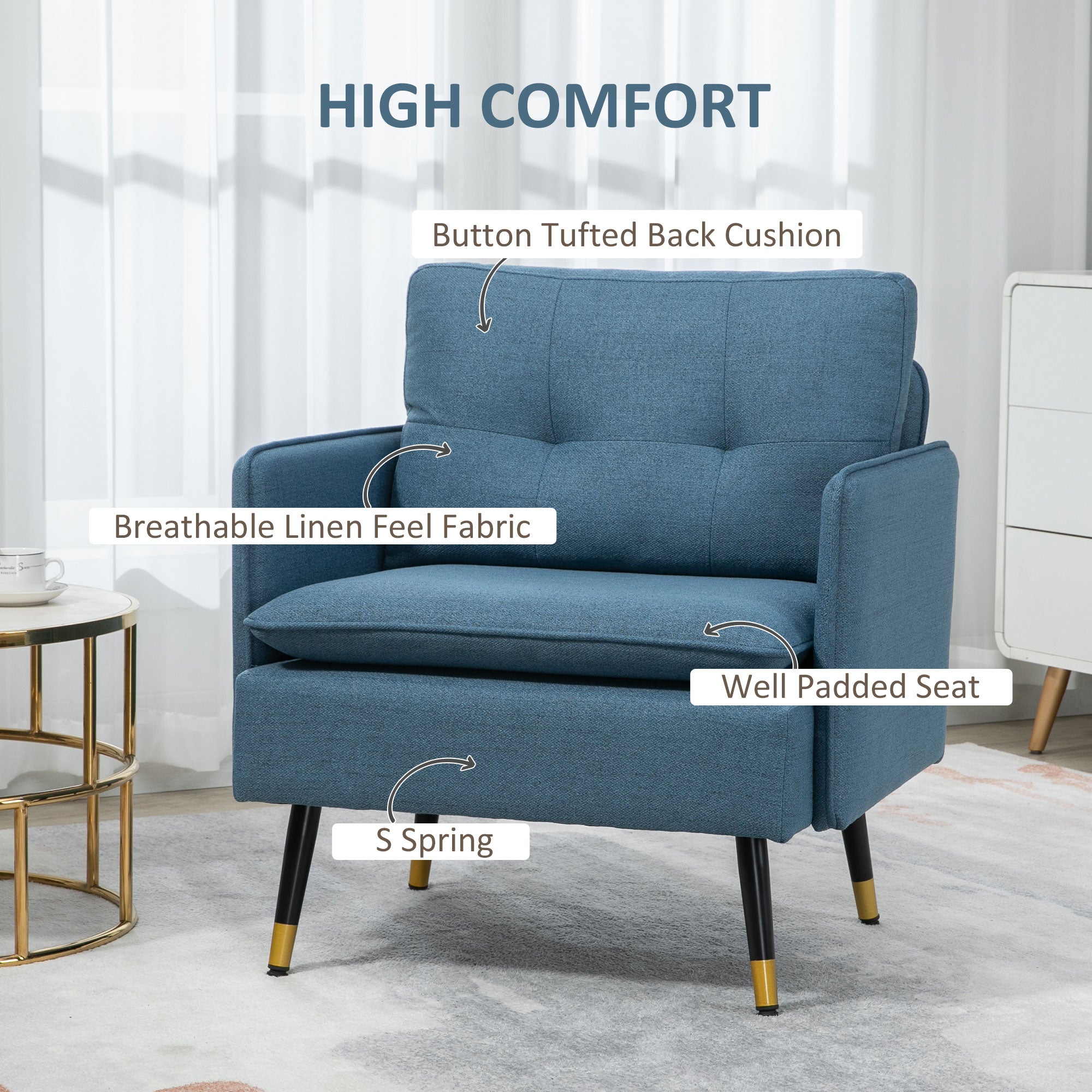 HOMCOM Button-Tufted Fabric Accent Chair: Cushioned Comfort with Elegant Armrests, Azure Blue