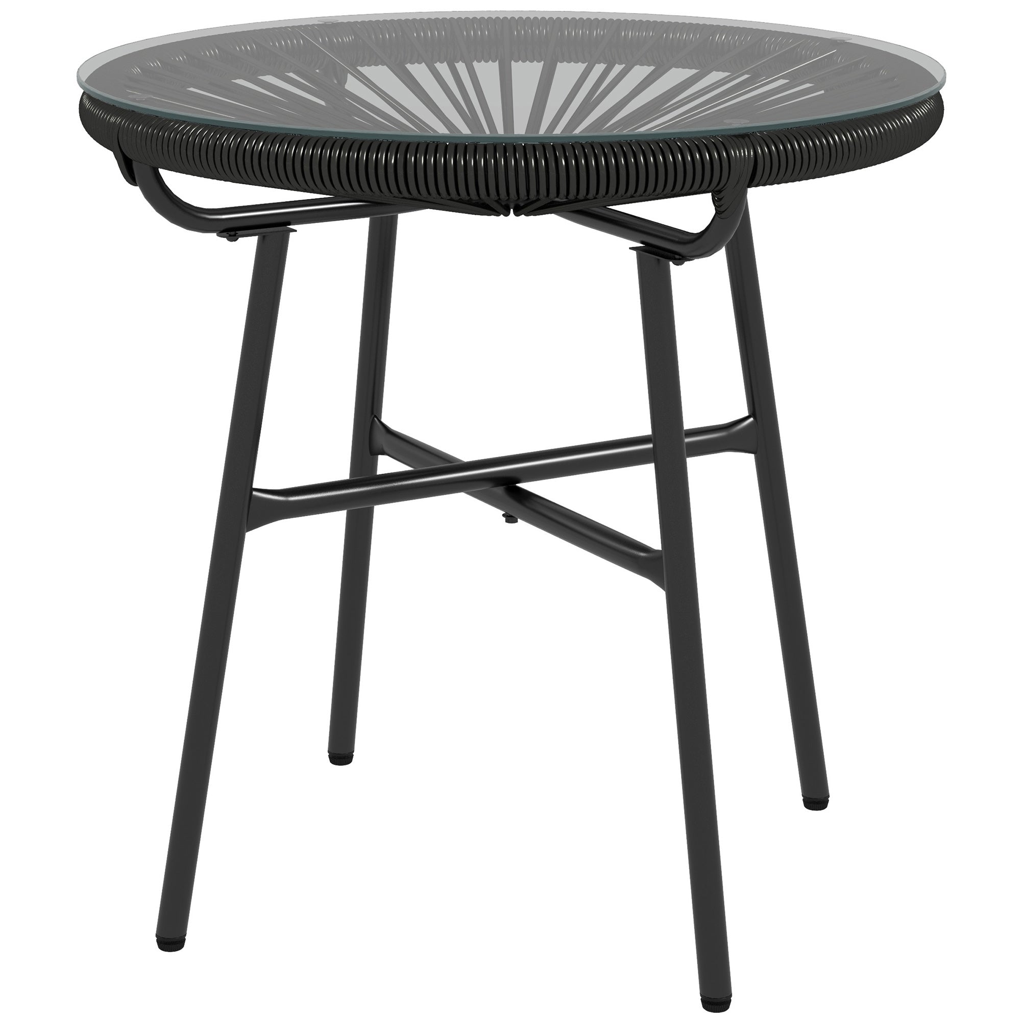 Outsunny Rattan Side Table, Round Outdoor Table, with Round PE Rattan and Tempered Glass Table Top for Patio, Garden, Black