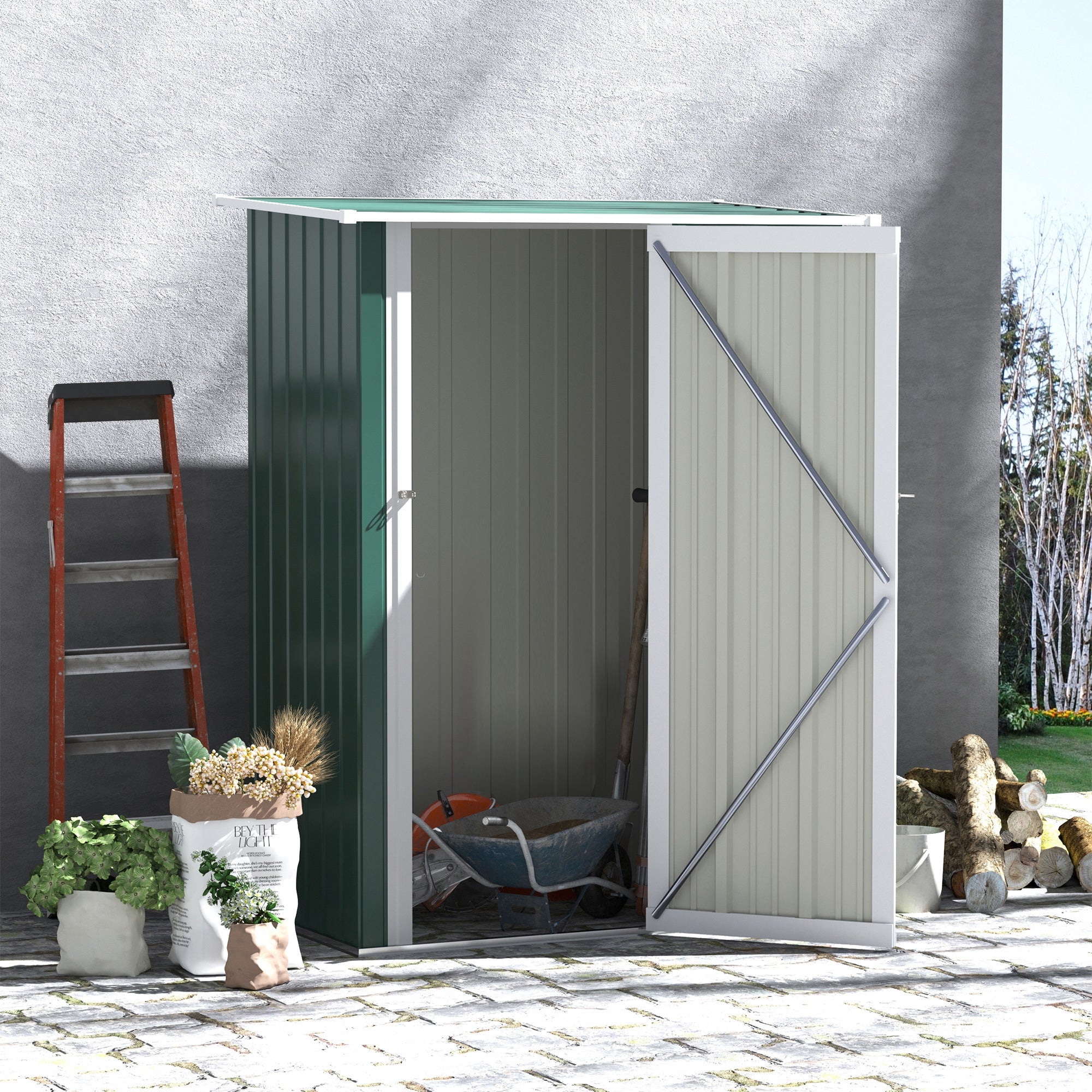 Outsunny Metal Outdoor Storage Shed 5x3 ft - Green, with Sloped Roof & Lockable Door for Tools and Bikes