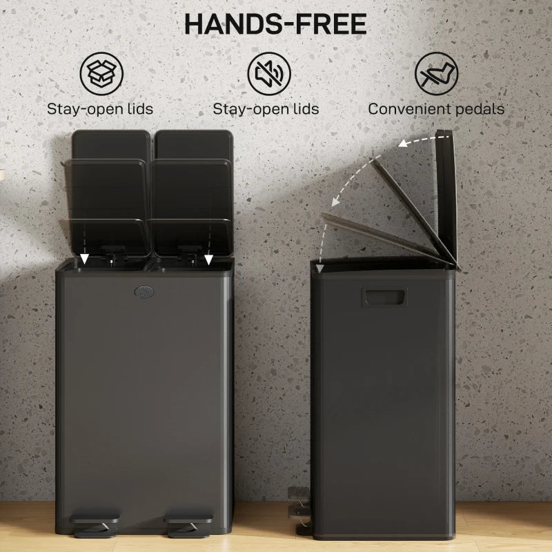 Dual Garbage Bin, Soft-Close Trash Can with Foot Pedal, 2 x 28 Liter Garbage Can with Removable Inner Buckets, Black