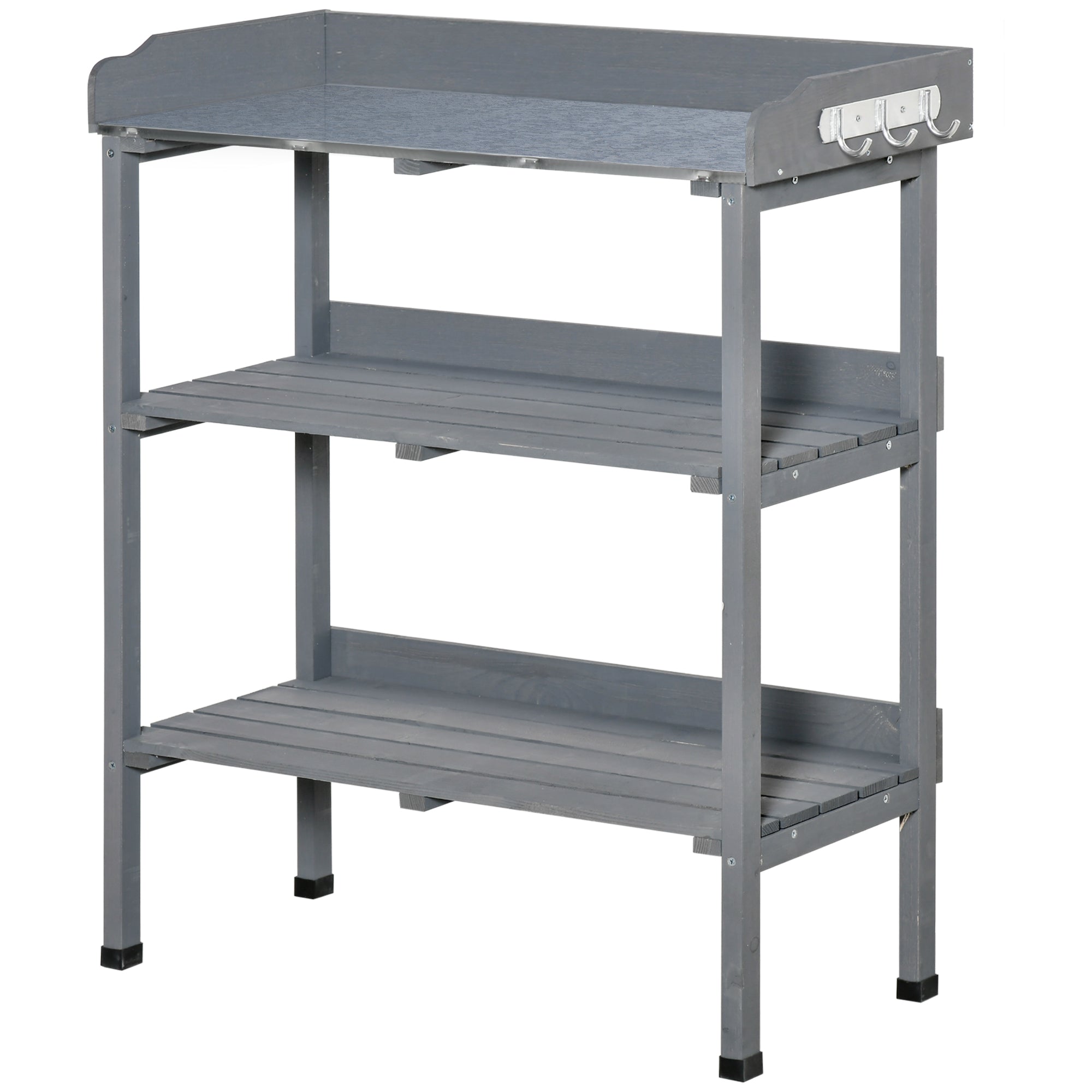 Outsunny Outdoor Garden Wooden Potting Bench Work Station Table Tool Storage Shelf w/ Hooks, Grey