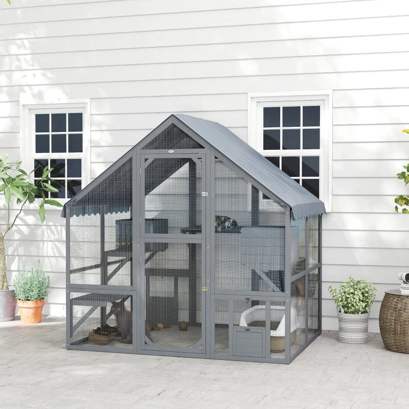Large Catio Outdoor with Waterproof Cover, 2 Resting Boxes, 4 Platforms, Bridge, for 2-4 Kittens, Grey