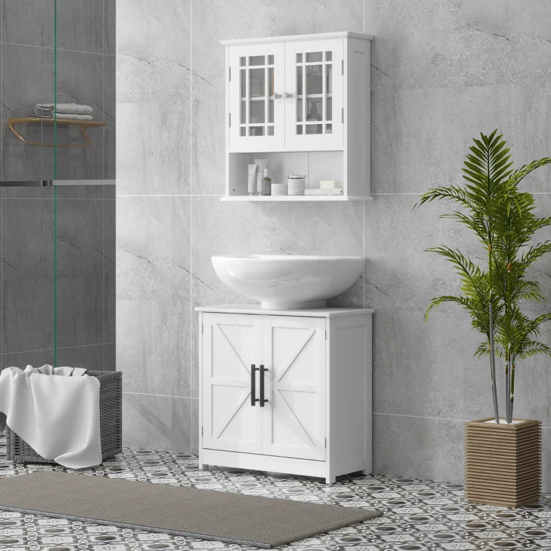 Farmhouse Pedestal Sink Storage Cabinet, Bathroom Under Sink Cabinet with 2 Barn Doors and Adjustable Shelf, White