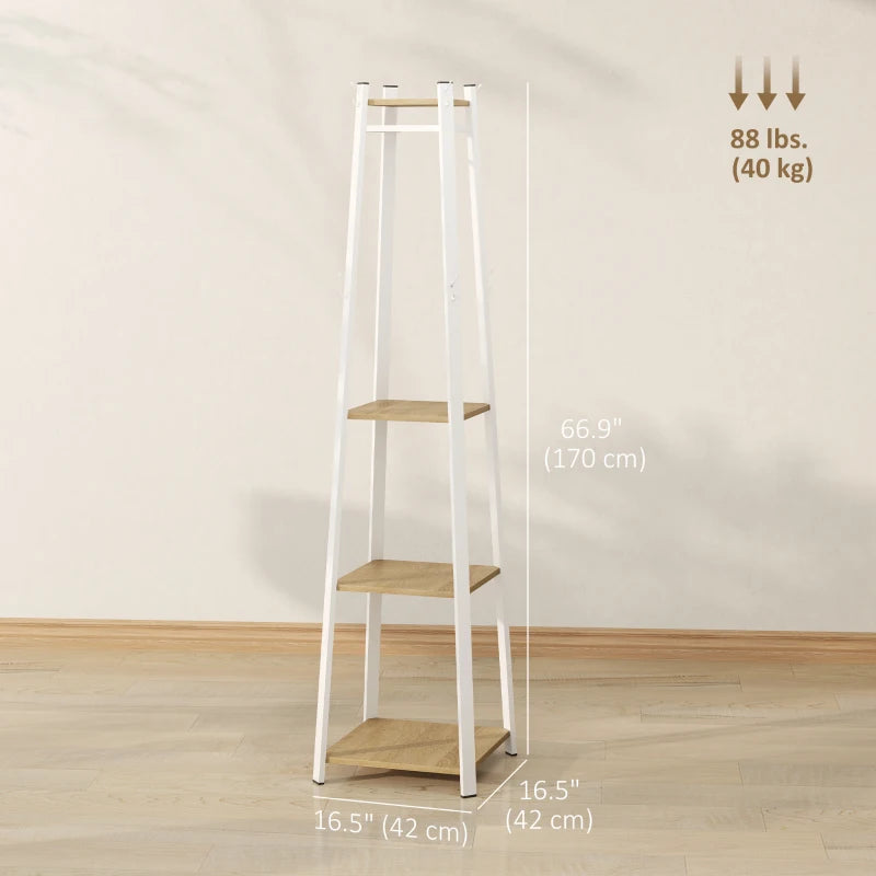 Clothes Rack with Storage, Garment Rack with 8 Hooks and 3-Tier Shelf, Clothes Stand for Bedroom, Entryway, Oak