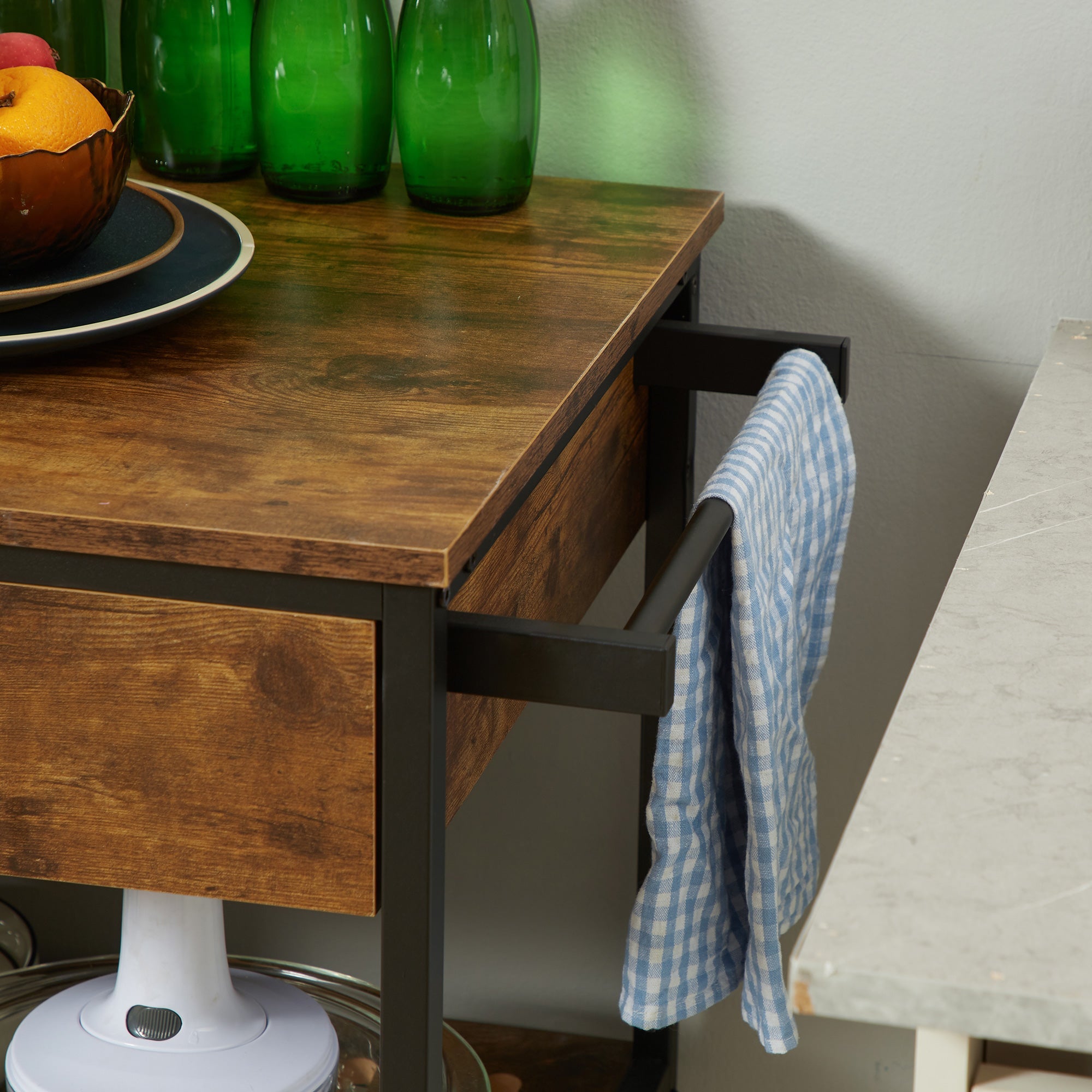 HOMCOM Industrial Ingenuity: Rolling Kitchen Island Cart with Drawers, Storage Shelves, Towel Rack, Rustic Brown Finish