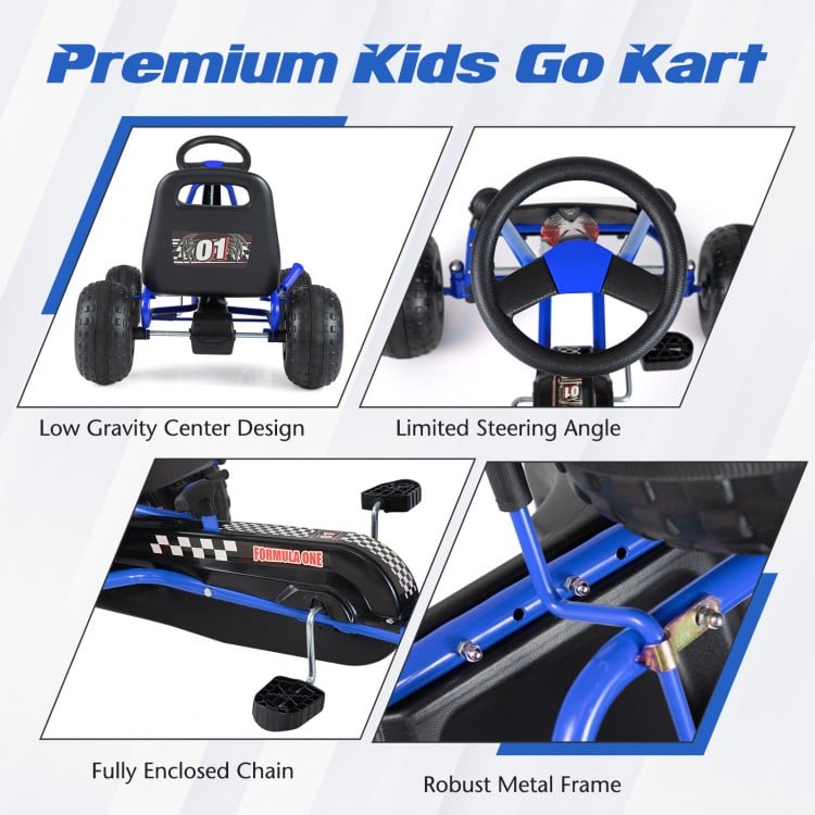 Go Kart for Kids 4 Wheels Pedal with Adjustable Seat and Multi-Terrain Wheels-Blue