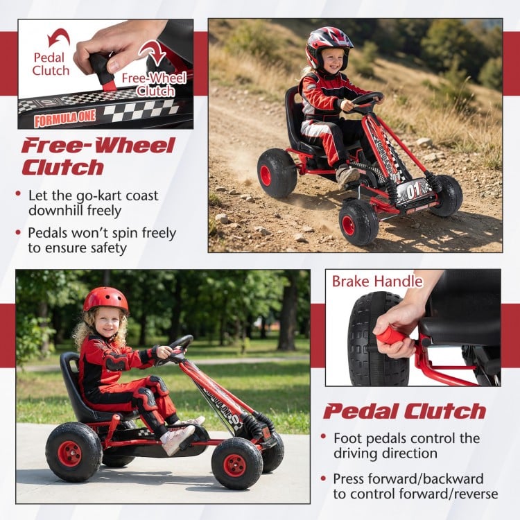 Go Kart for Kids 4 Wheels Pedal with Adjustable Seat and Multi-Terrain Wheels-Red