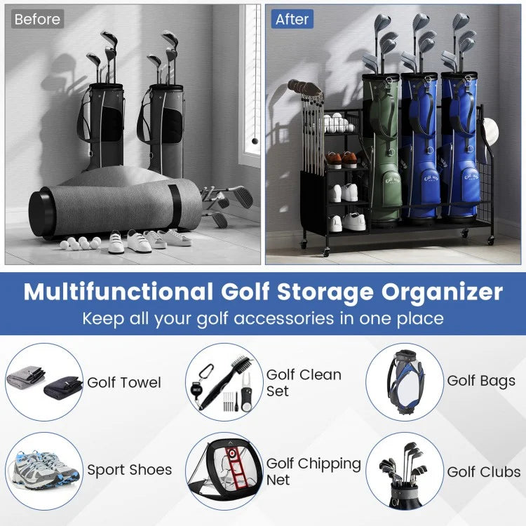 Golf Bag Organizer for 3 Golf Bags with Lockable Wheels, Storage Shelves, Club Holders & Accessory Hooks
