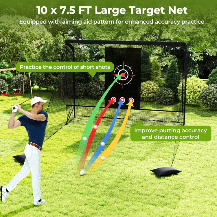 Golf Practice Hitting Net with Dual Side Barriers, Target Cloth & Metal Frame, Portable Golf Training Cage