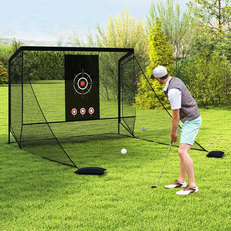Golf Practice Hitting Net with Dual Side Barriers, Target Cloth & Metal Frame, Portable Golf Training Cage