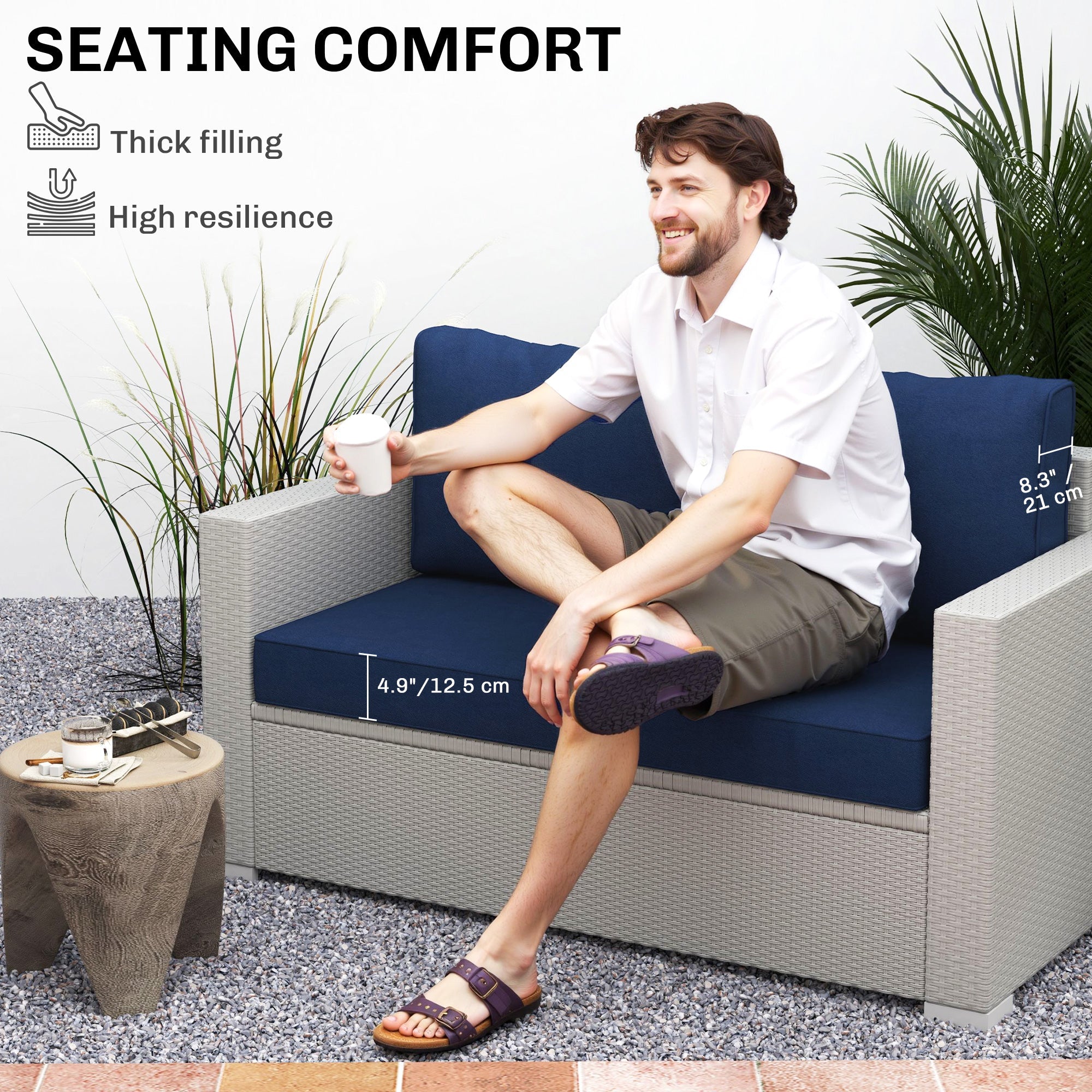 Outsunny 2 Seater Outdoor Seat Cushions with Backrest, Loveseat Double Sofa Outdoor Furniture Cushions, Fade-Resistant Replacement Patio Cushions for Indoor and Outdoor, Navy Blue