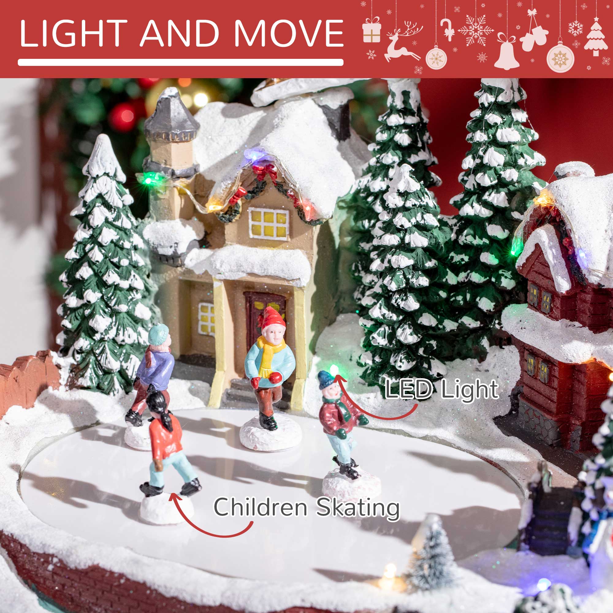HOMCOM Christmas Village, Santa and Deer Skating Pond Animated Winter Wonderland Set with Multicolored LED Light, Christmas Decoration