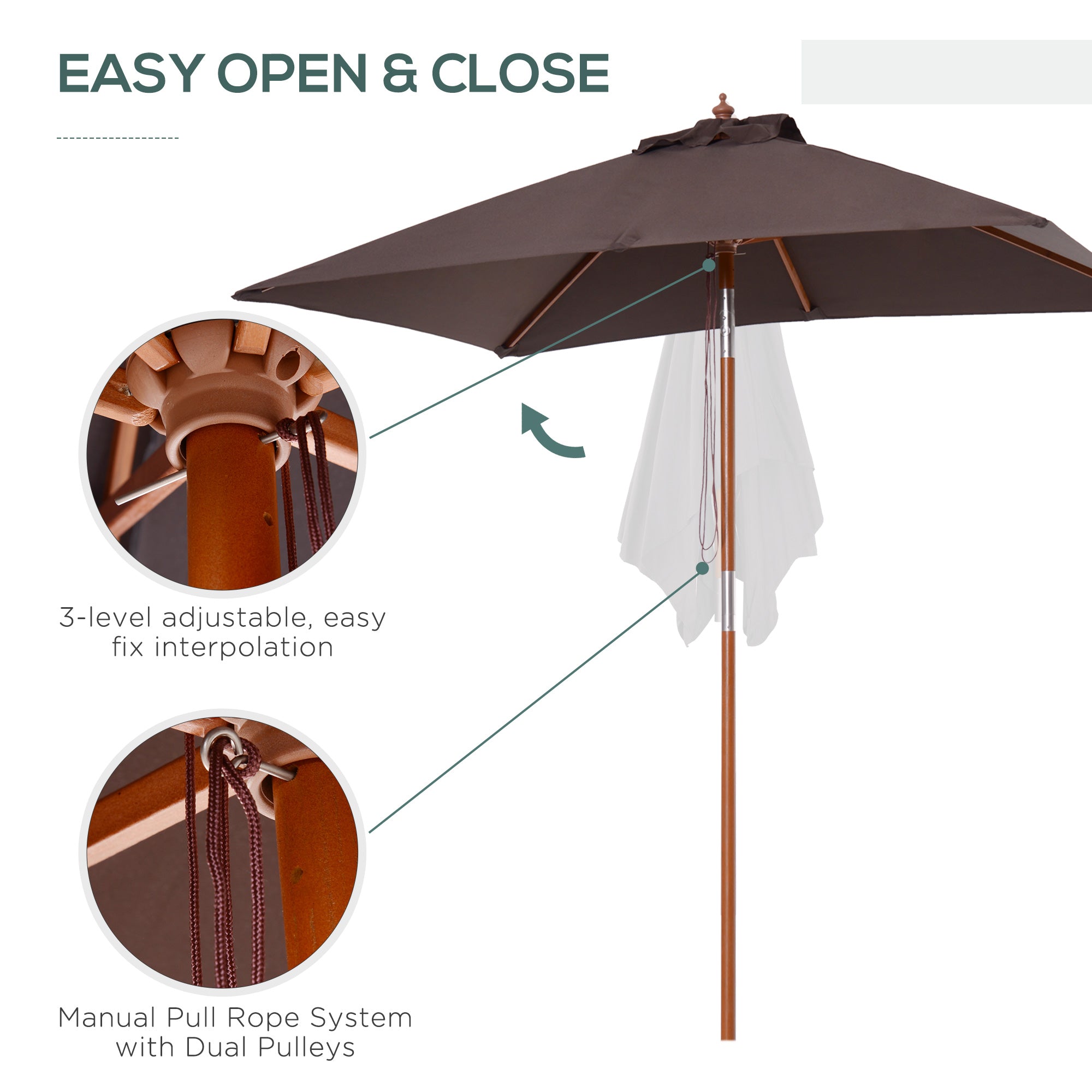 Outsunny 6.6x5ft Square Market Parasol, Wooden Patio Umbrella with Tilt Mechanism and 6 Bamboo Ribs, Garden Sunshade, Coffee