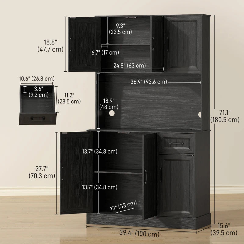 71" Pantry Cabinet with Charging Station, Kitchen Storage Cabinet with Microwave Stand, Adjustable Shelves, Black